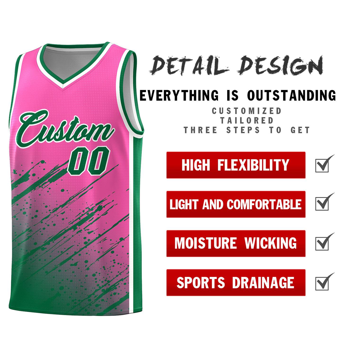 Custom Pink Basketball Kits With Kelly Green Paint Graffiti