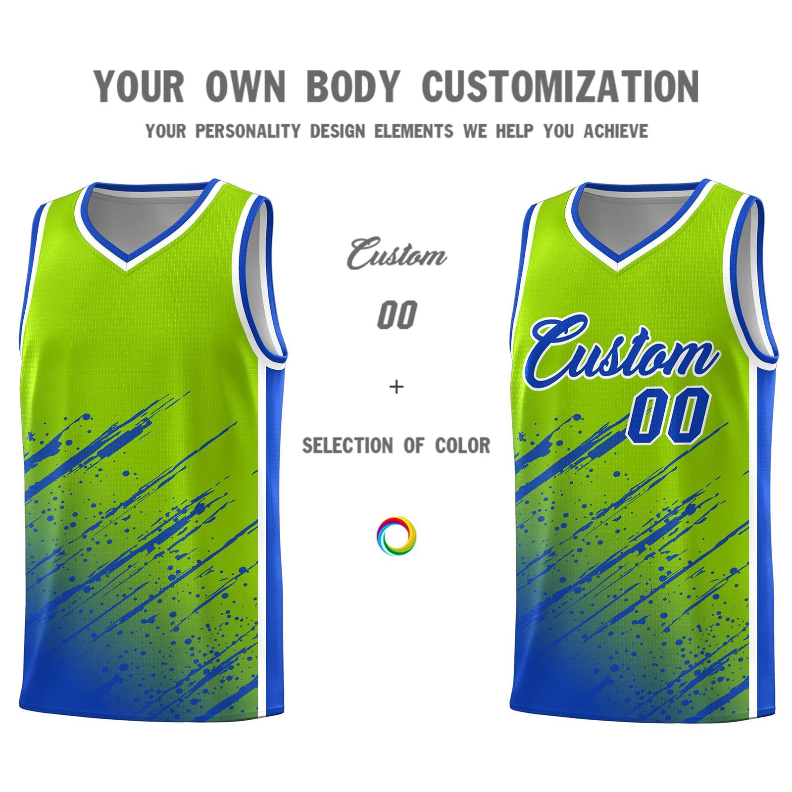 Custom Neon Green Basketball Kits With Royal Paint Graffiti