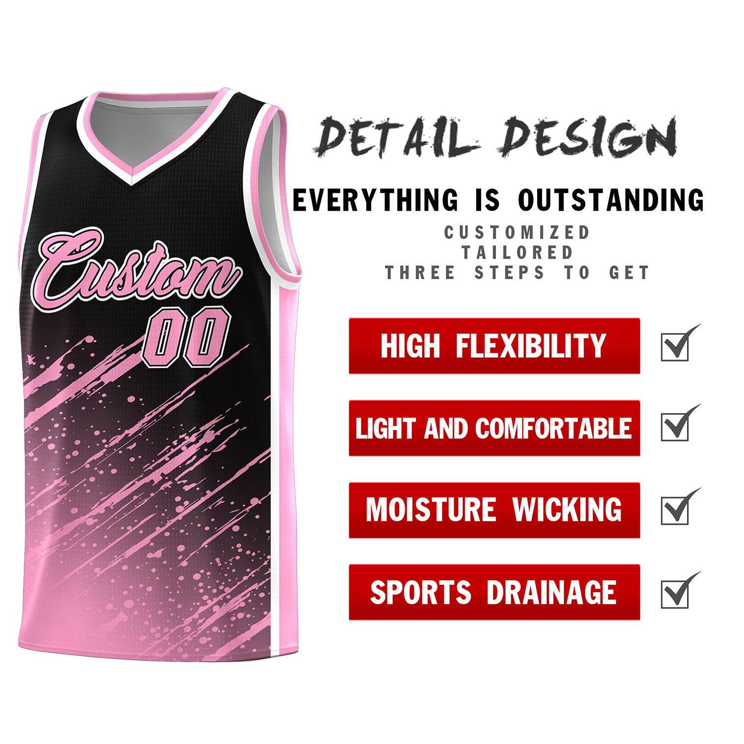 Custom Black Basketball Kits With Light Pink Paint Graffiti