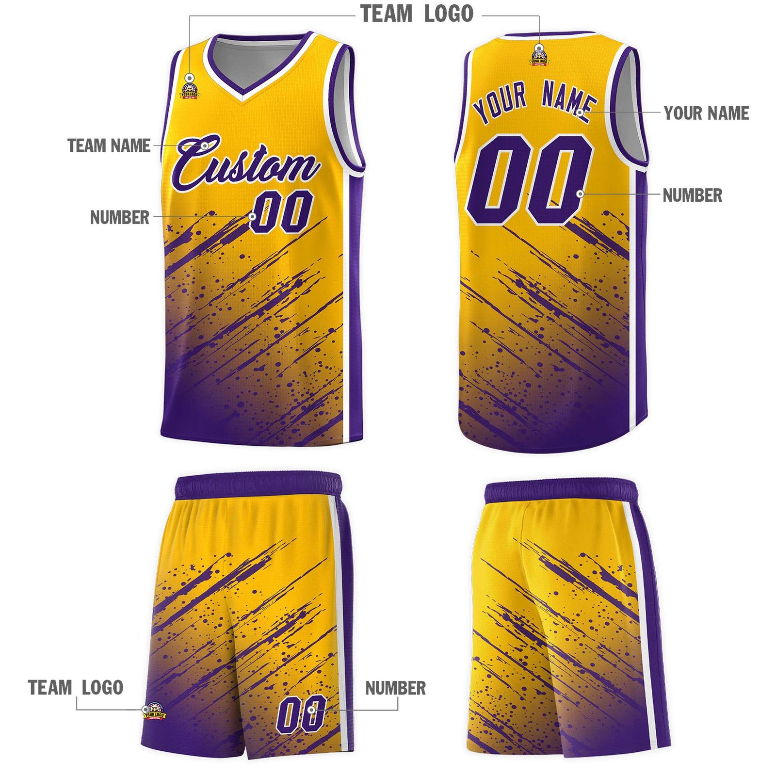 Custom Yellow Basketball Kits With Purple Paint Graffiti