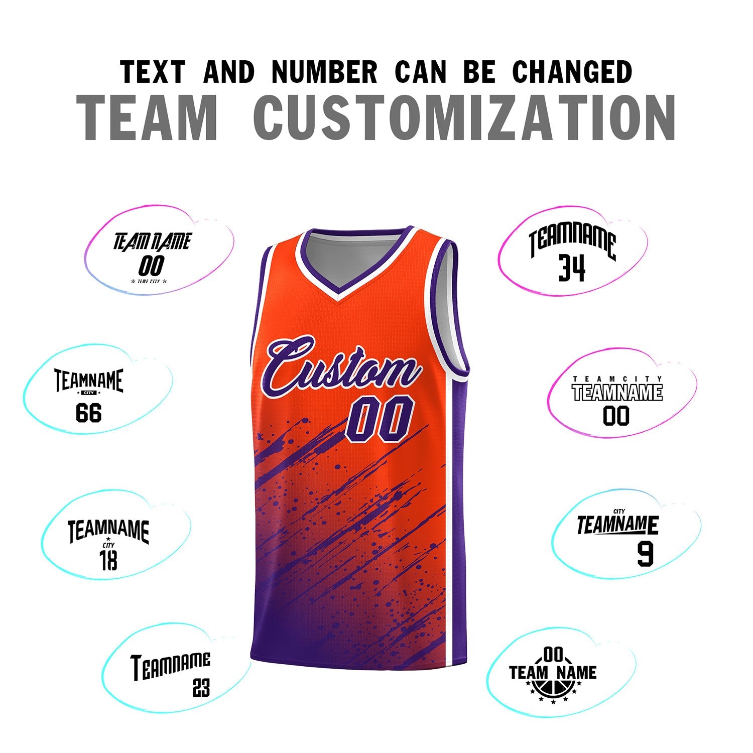Custom Orange Basketball Kits With Purple Paint Graffiti