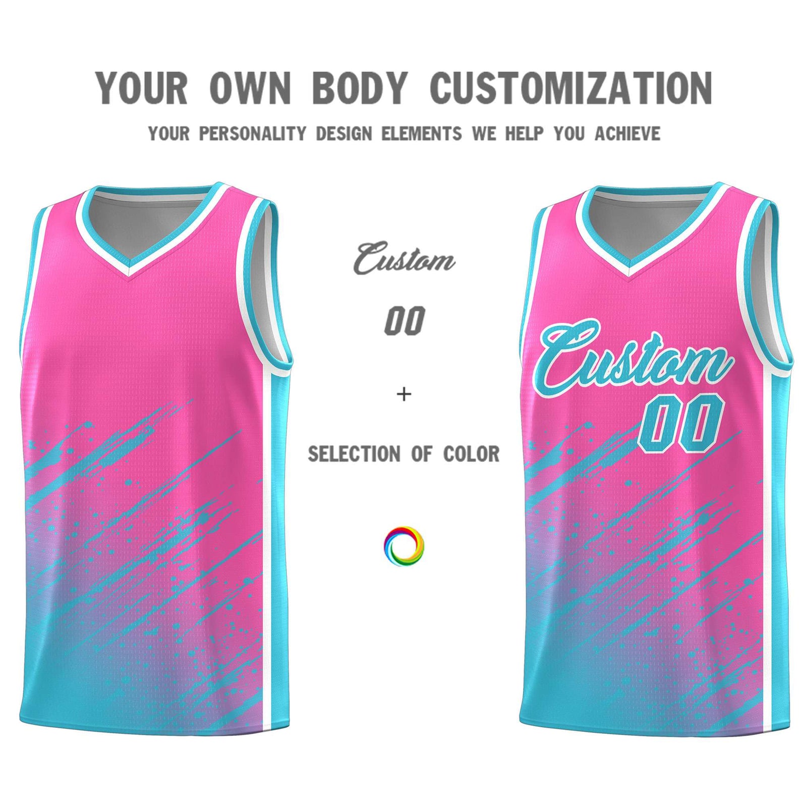 Custom Pink Basketball Kits With Sky Blue Paint Graffiti