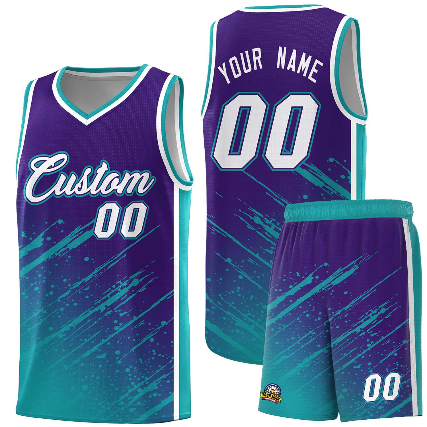Custom Purple Basketball Kits With Aqua Paint Graffiti