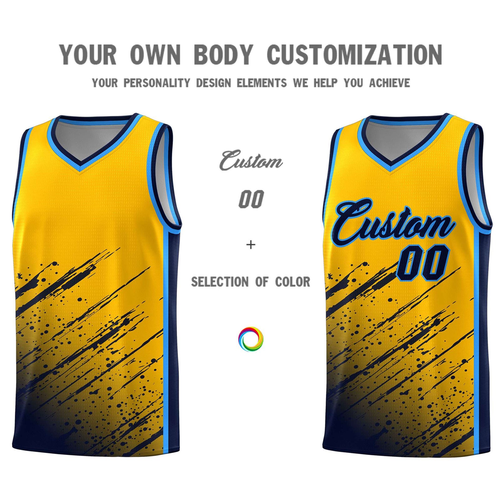 Custom Yellow Basketball Kits With Navy Paint Graffiti