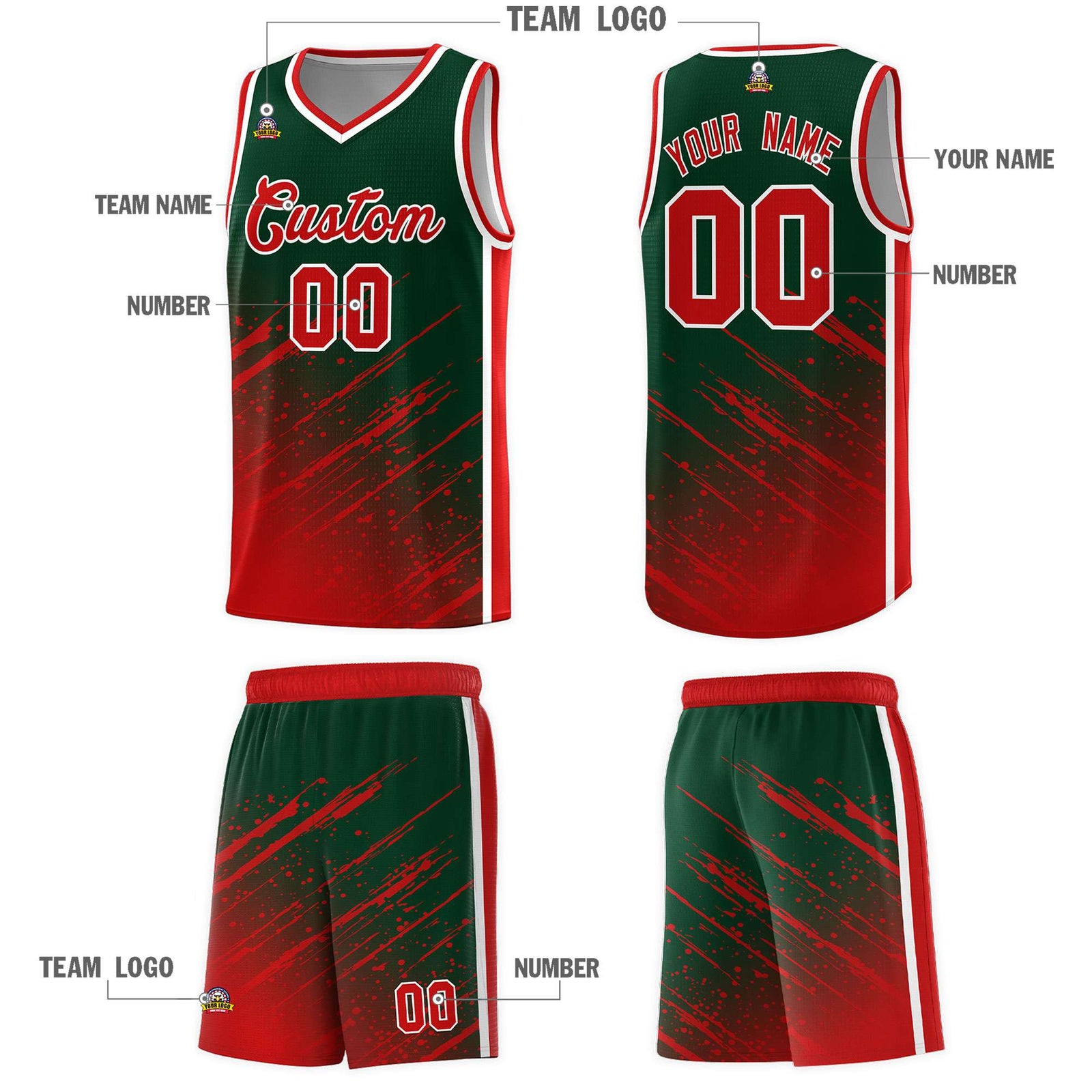 Custom Green Basketball Kits With Red Paint Graffiti