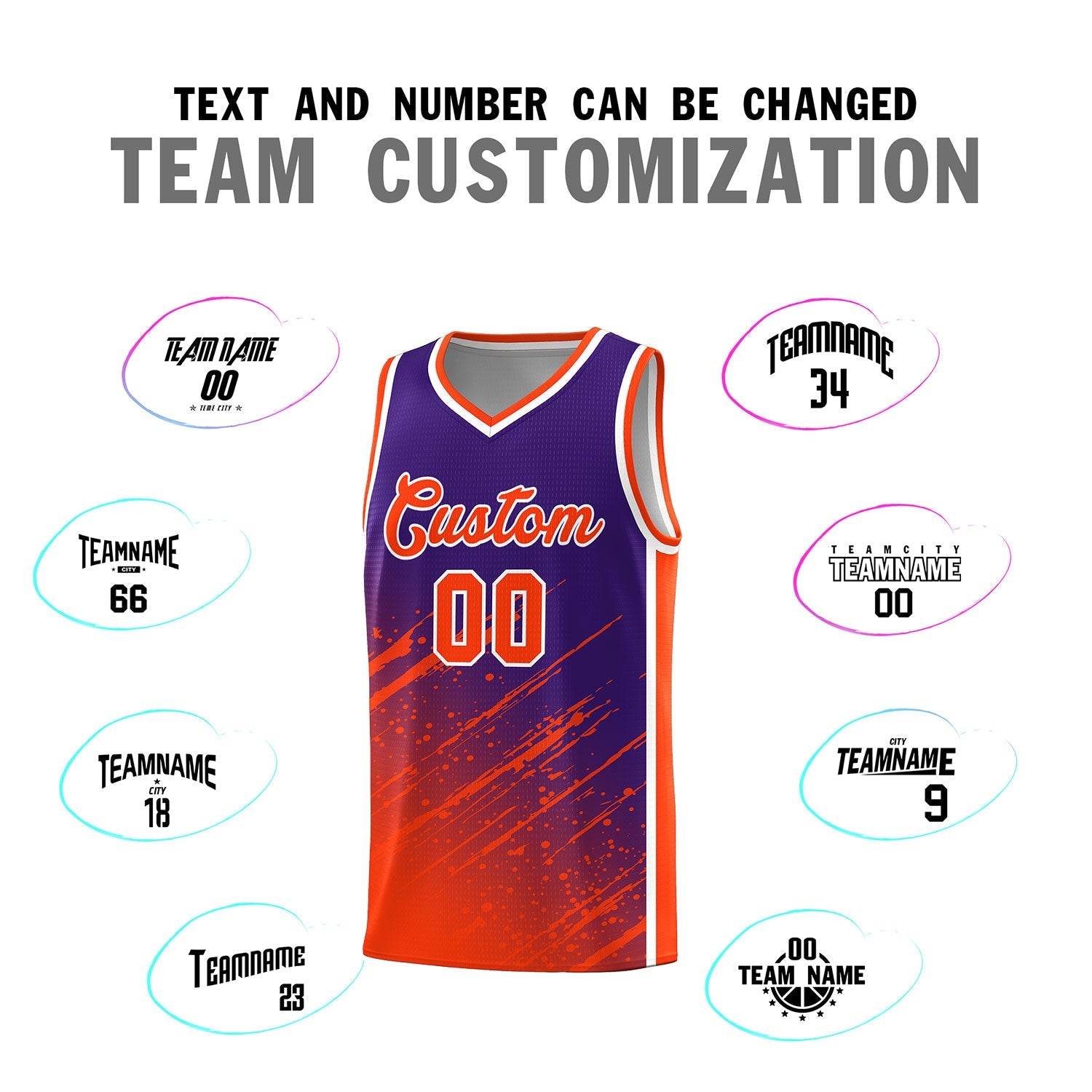 Custom Purple Basketball Kits With Orange Paint Graffiti