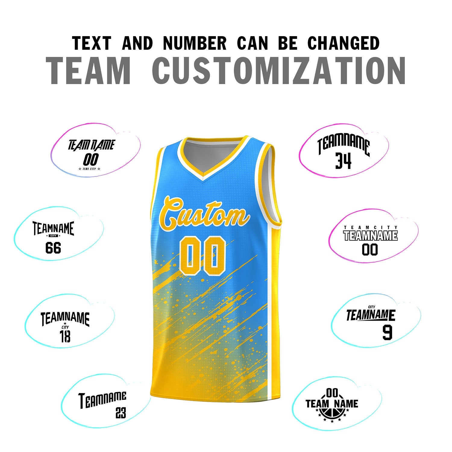 Custom Powder Blue Basketball Kits With Yellow Paint Graffiti