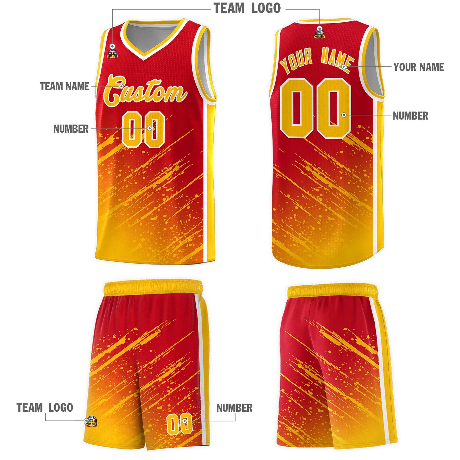 Custom Red Basketball Kits With Yellow Paint Graffiti