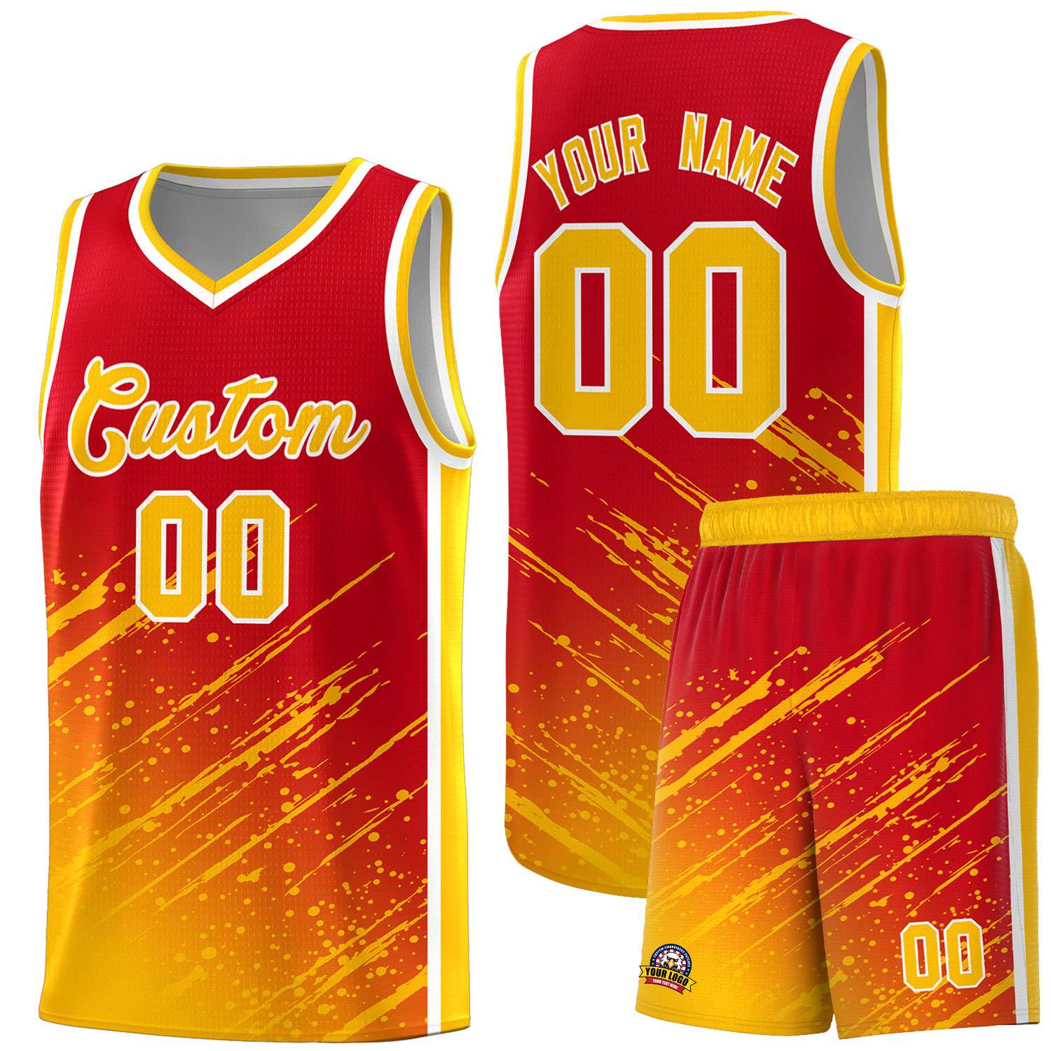 Custom Red Basketball Kits With Yellow Paint Graffiti