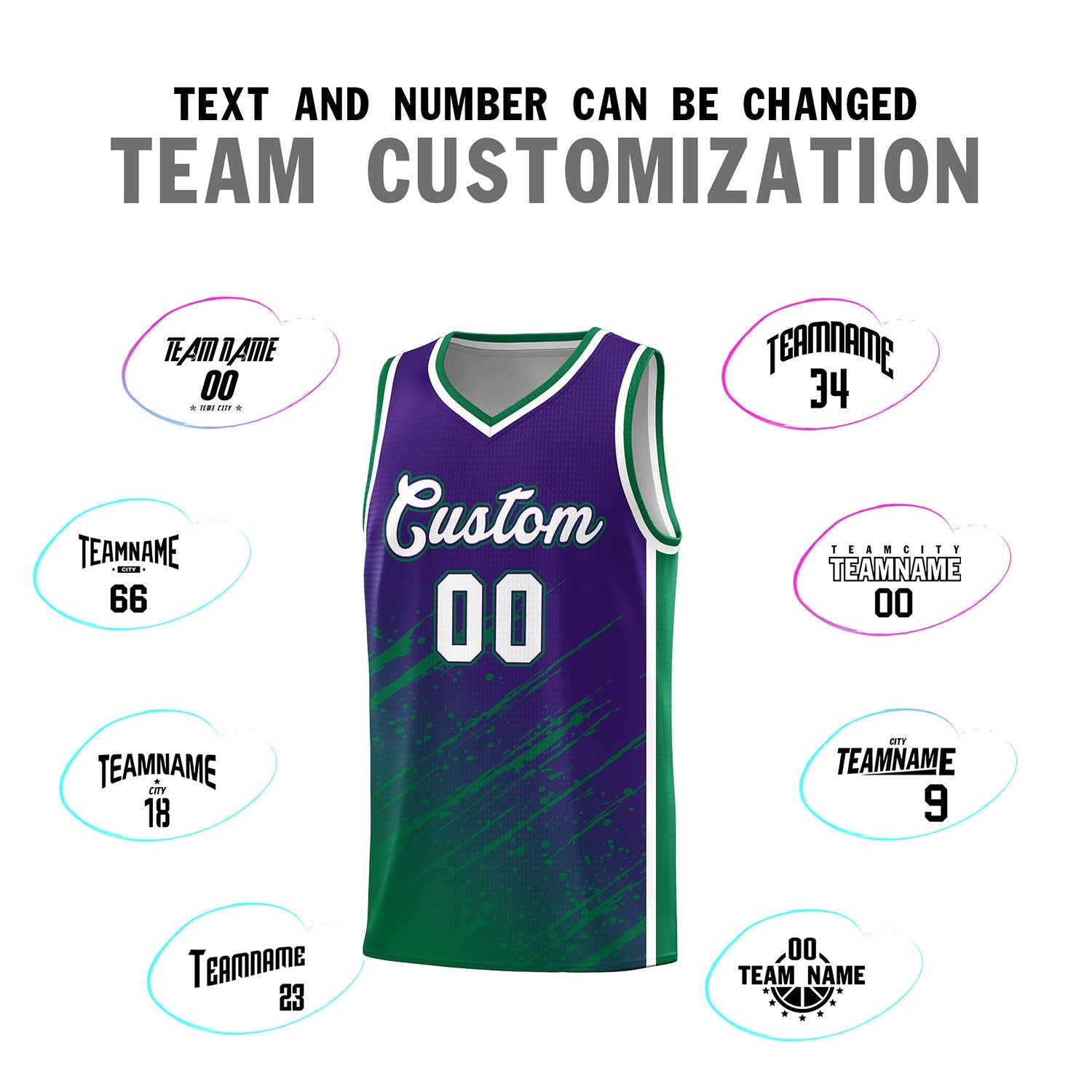 Custom Purple Basketball Kits With Kelly Green Paint Graffiti