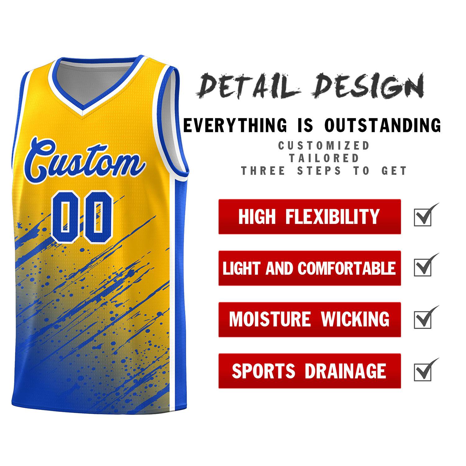 Custom Yellow Basketball Kits With Royal Paint Graffiti