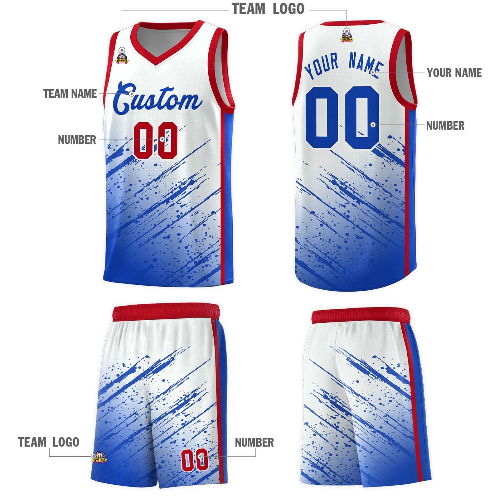 Custom White Basketball Kits With Royal Paint Graffiti