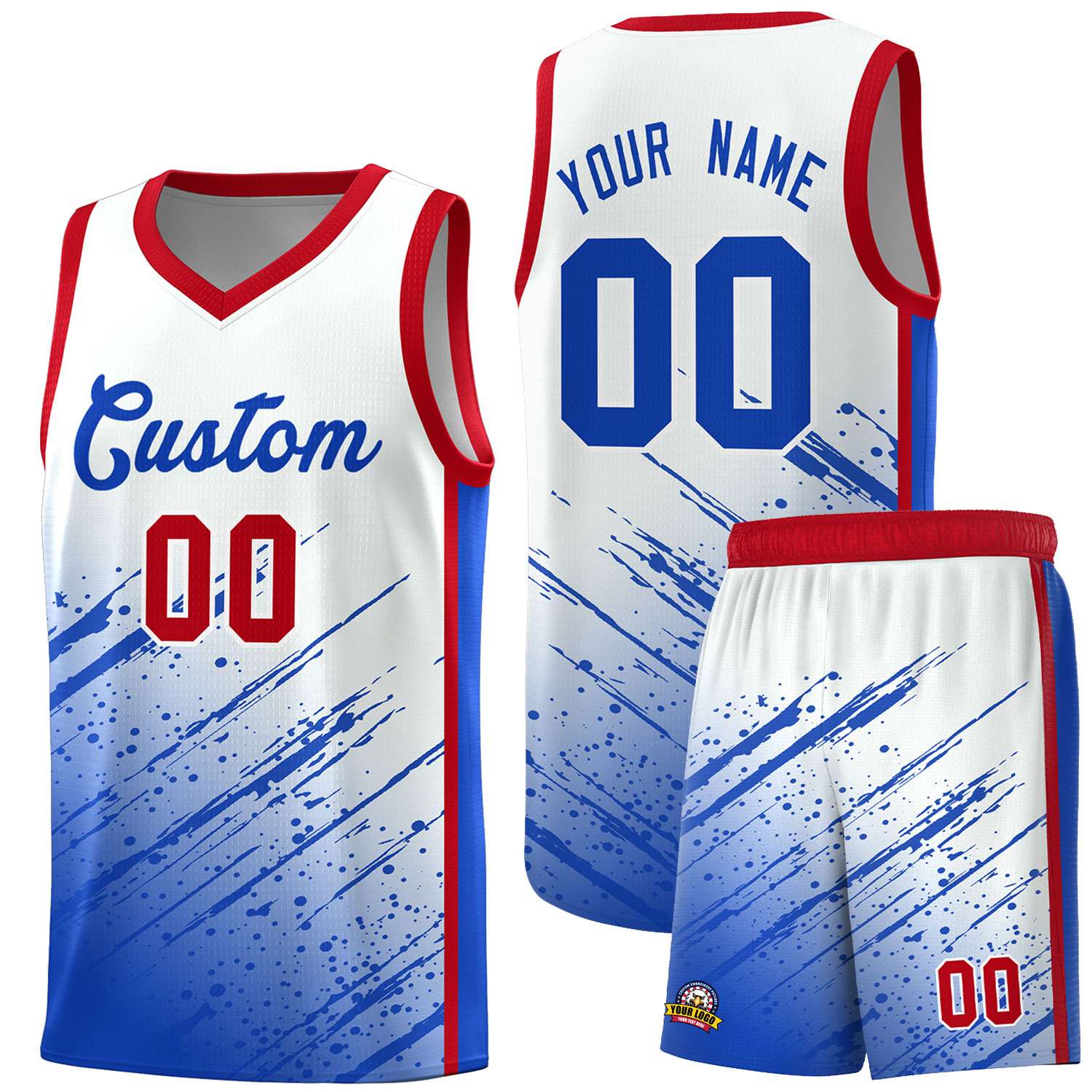 Custom White Basketball Kits With Royal Paint Graffiti