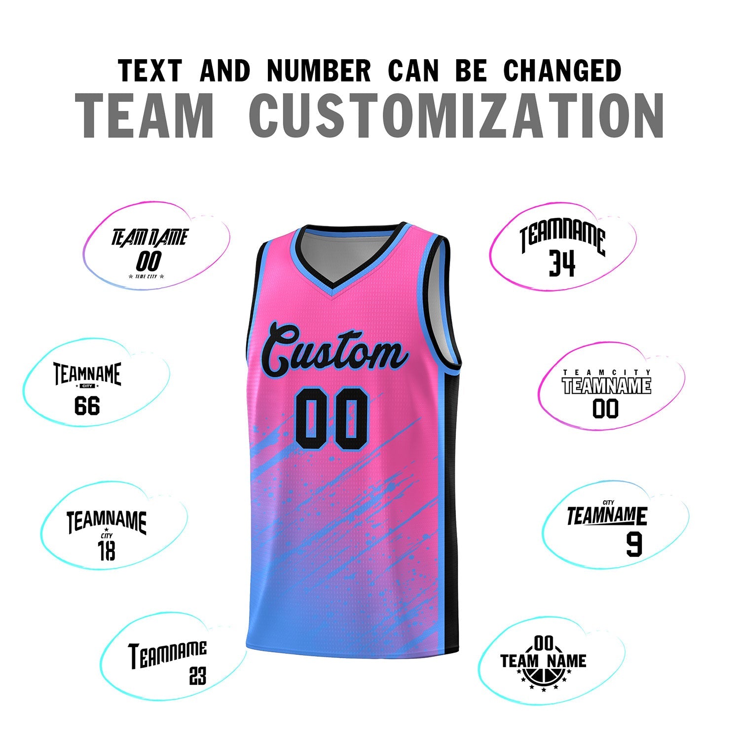 Custom Pink Basketball Kits With Powder Blue Paint Graffiti