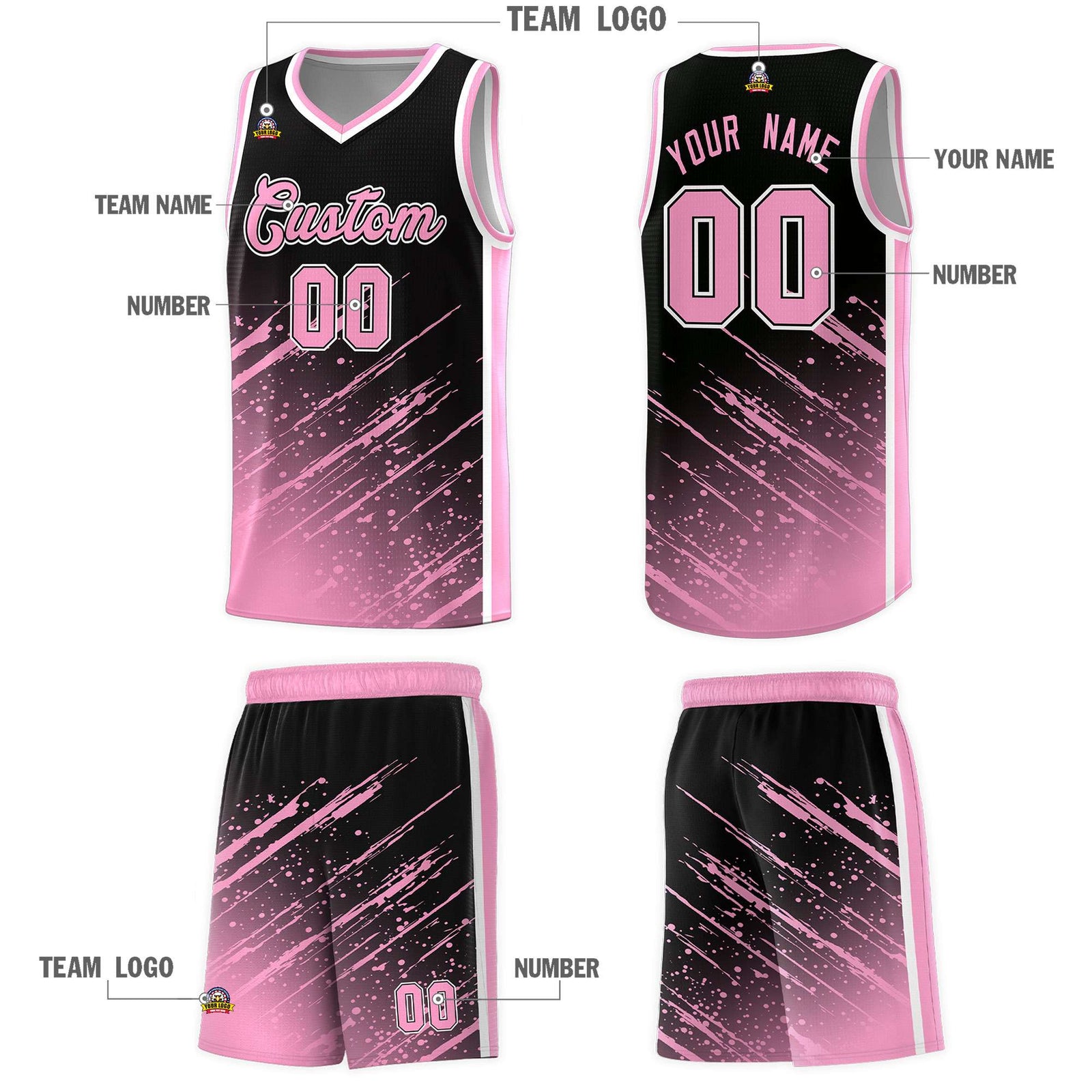 Custom Black Basketball Kits With Light Pink Paint Graffiti