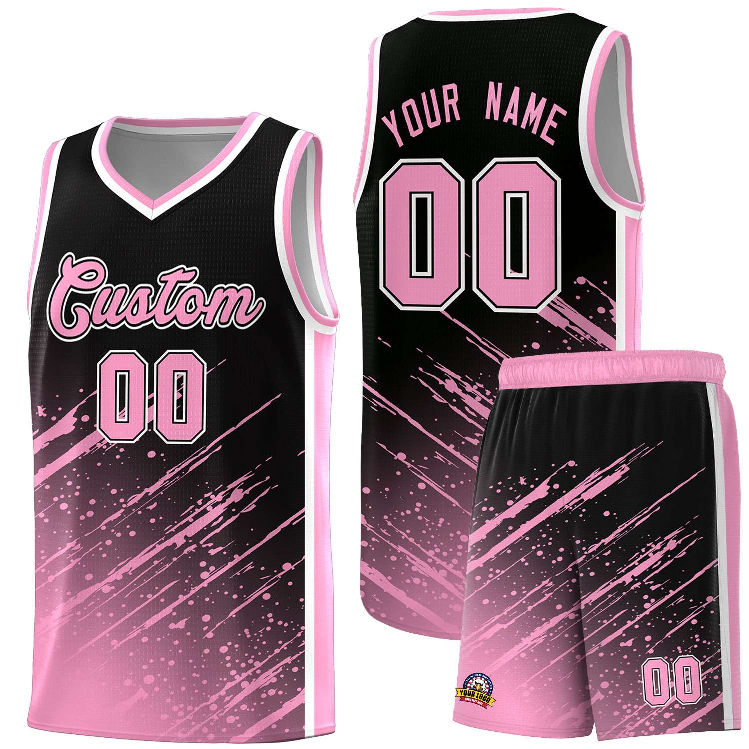 Custom Black Basketball Kits With Light Pink Paint Graffiti