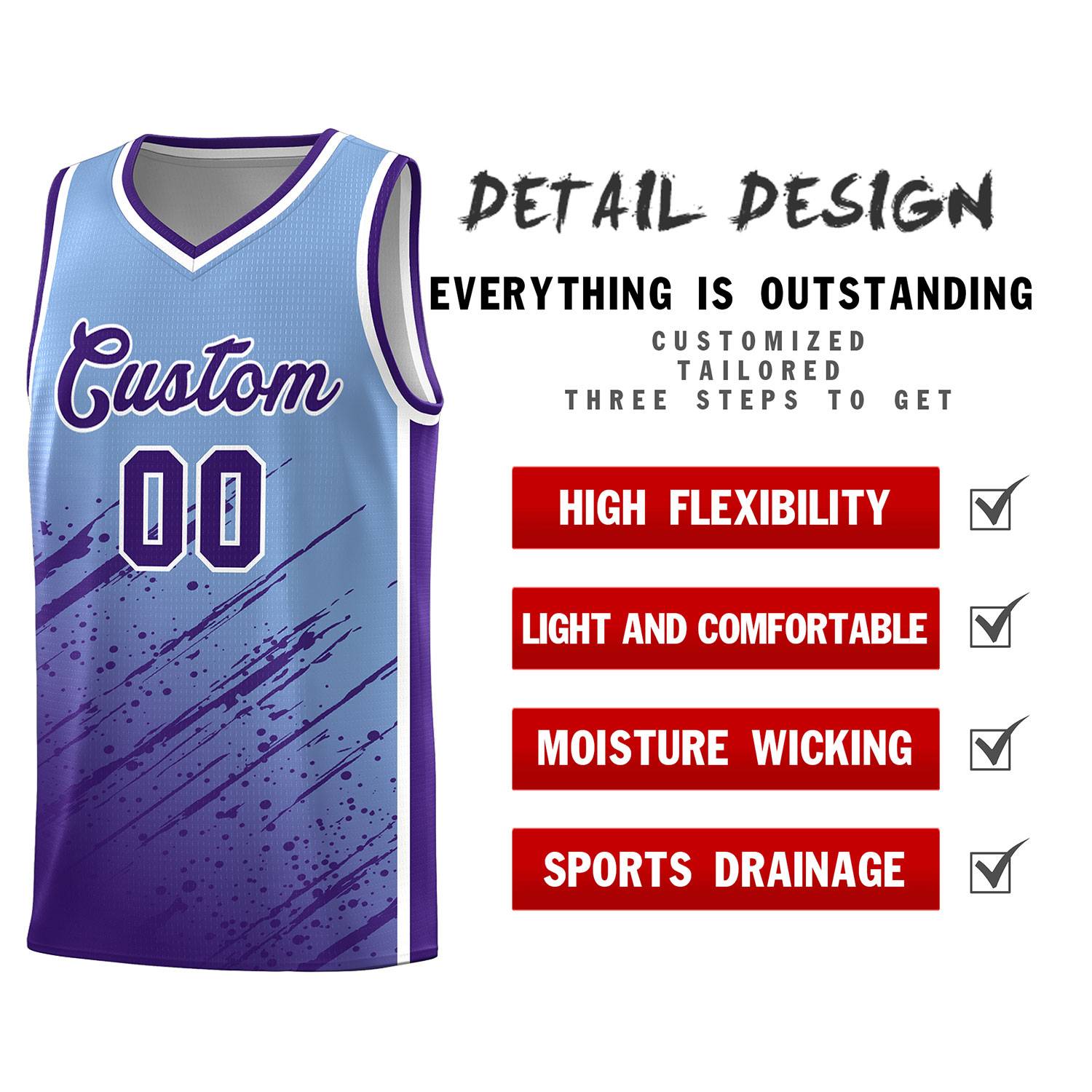 Custom Light Blue Basketball Kits With Purple Paint Graffiti