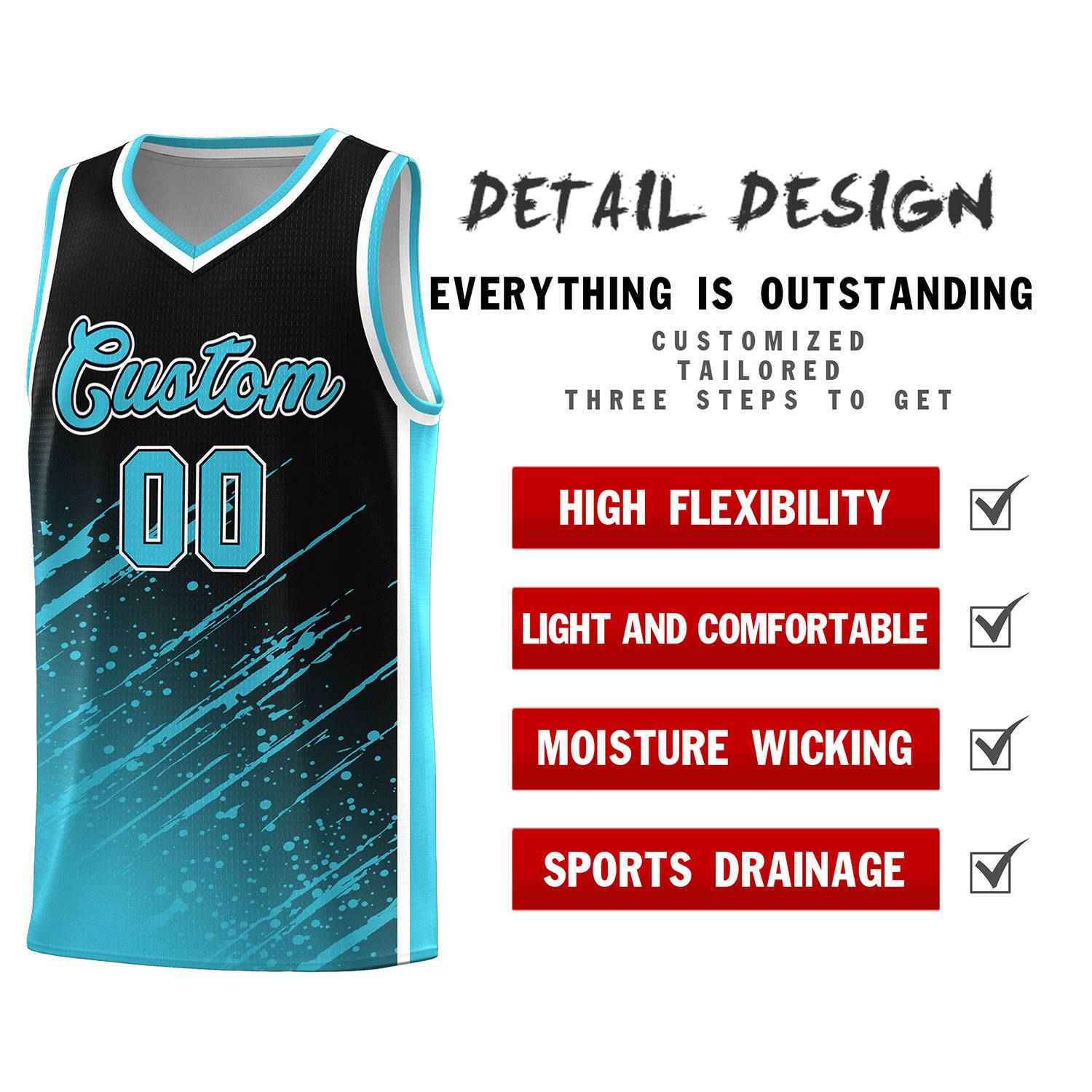 Custom Black Basketball Kits With Sky Blue Paint Graffiti