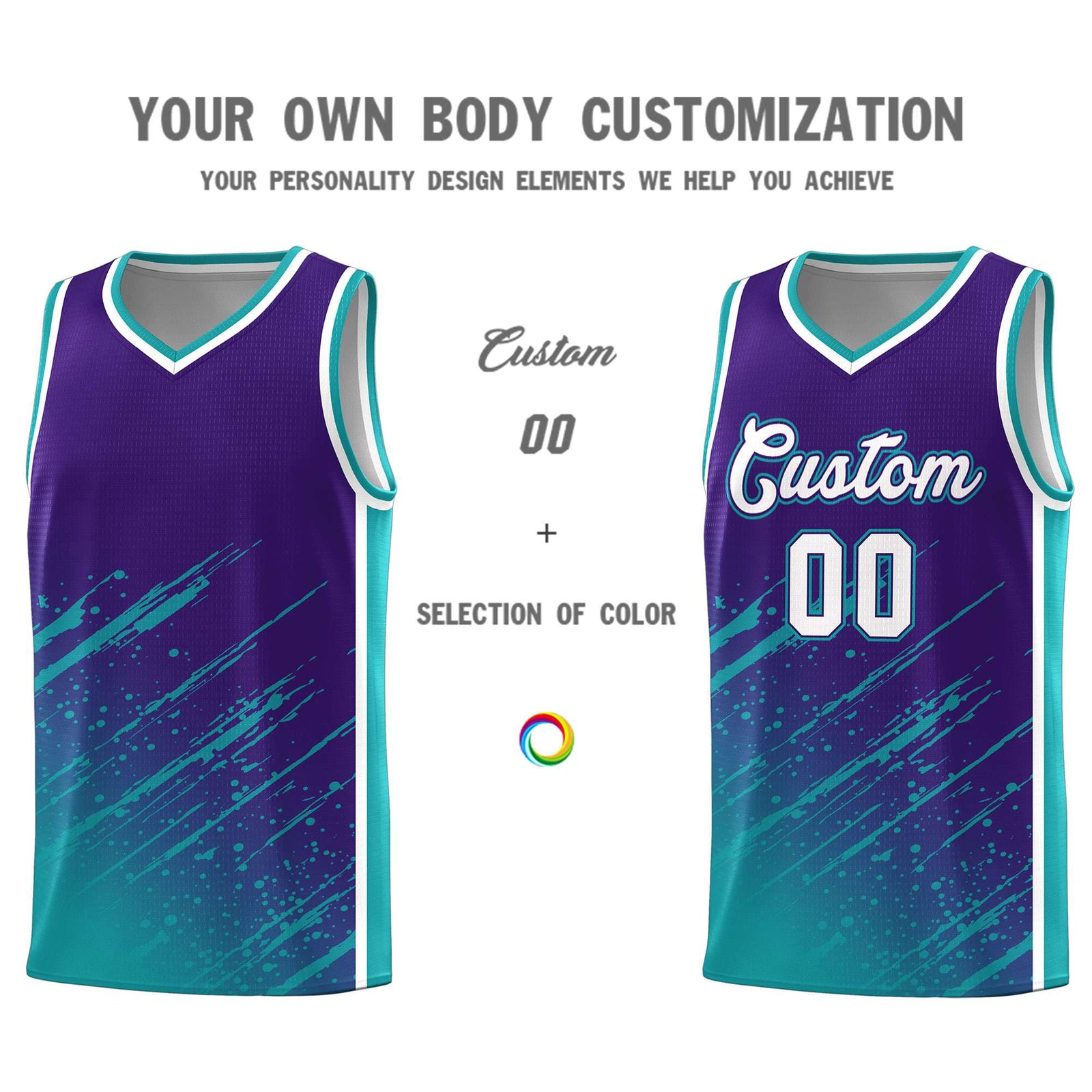 Custom Purple Basketball Kits With Aqua Paint Graffiti
