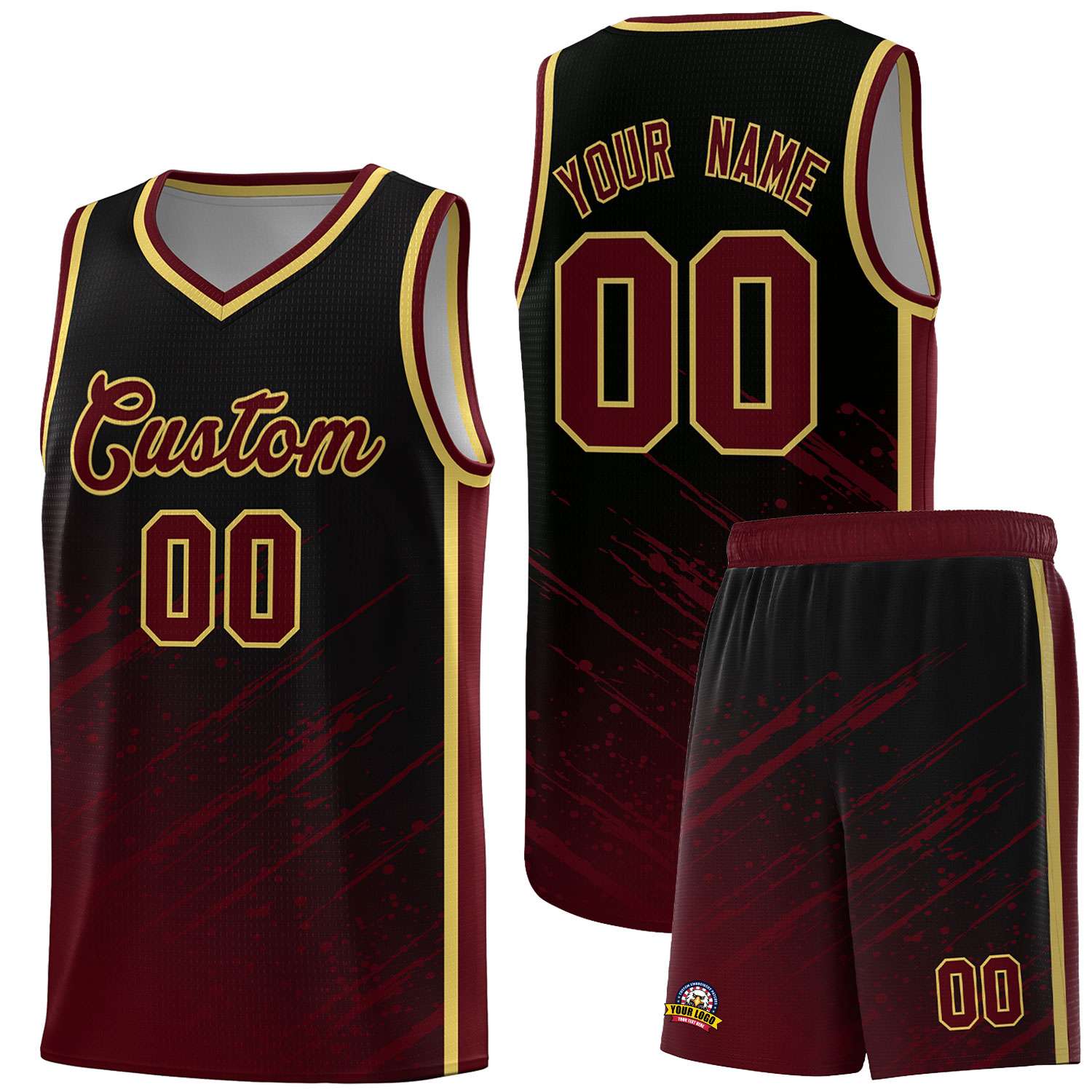 Custom Black Basketball Kits With Crimson Paint Graffiti