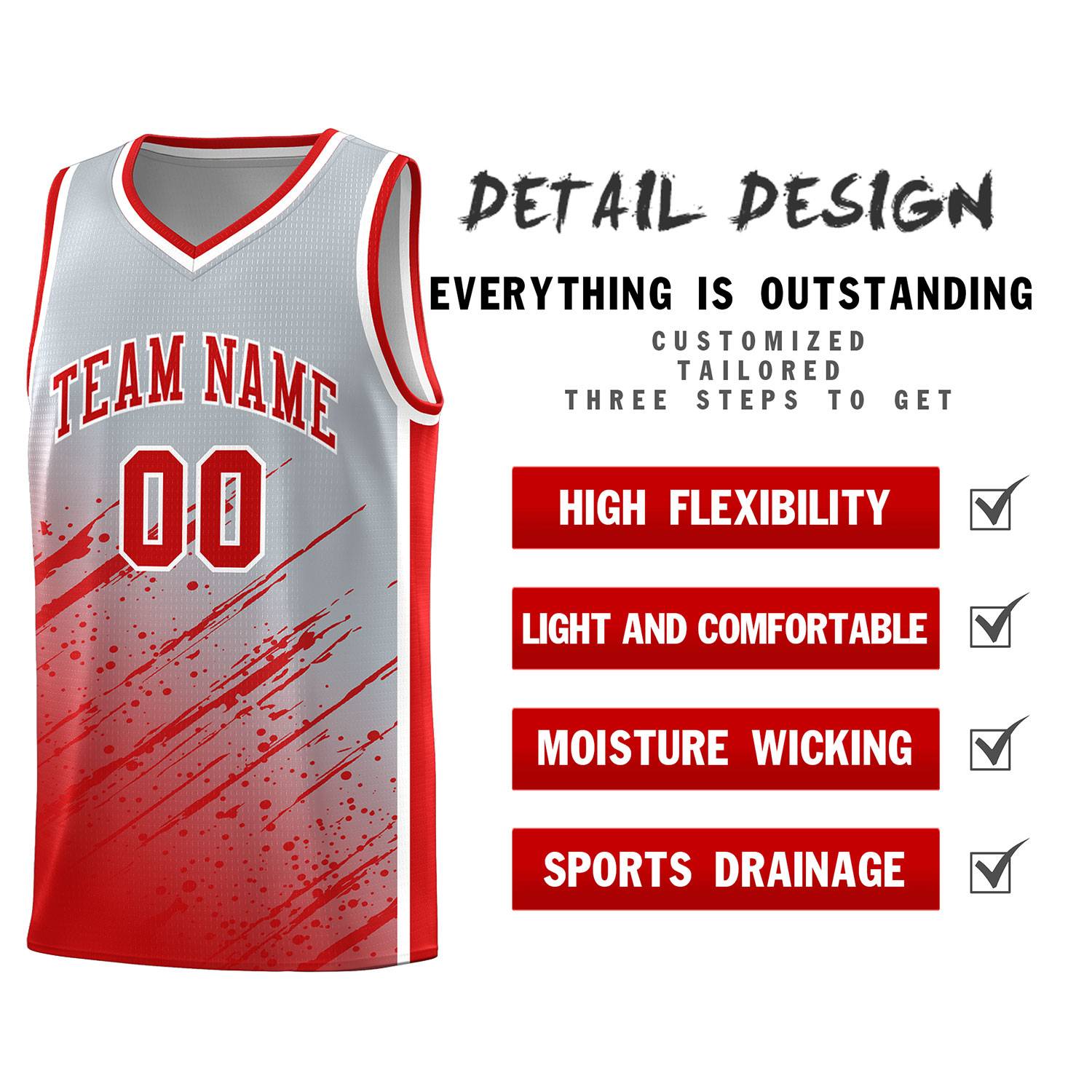Custom Gray Basketball Kits With Red Paint Graffiti