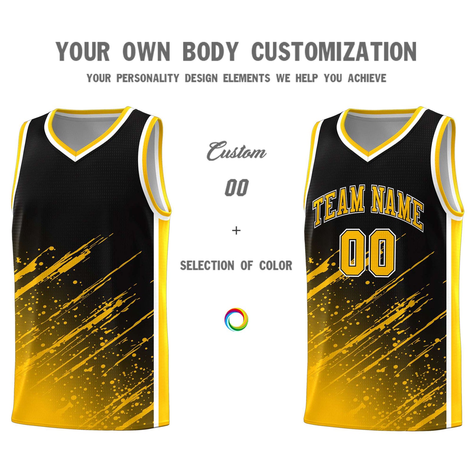 Custom Black Basketball Kits With Yellow Paint Graffiti