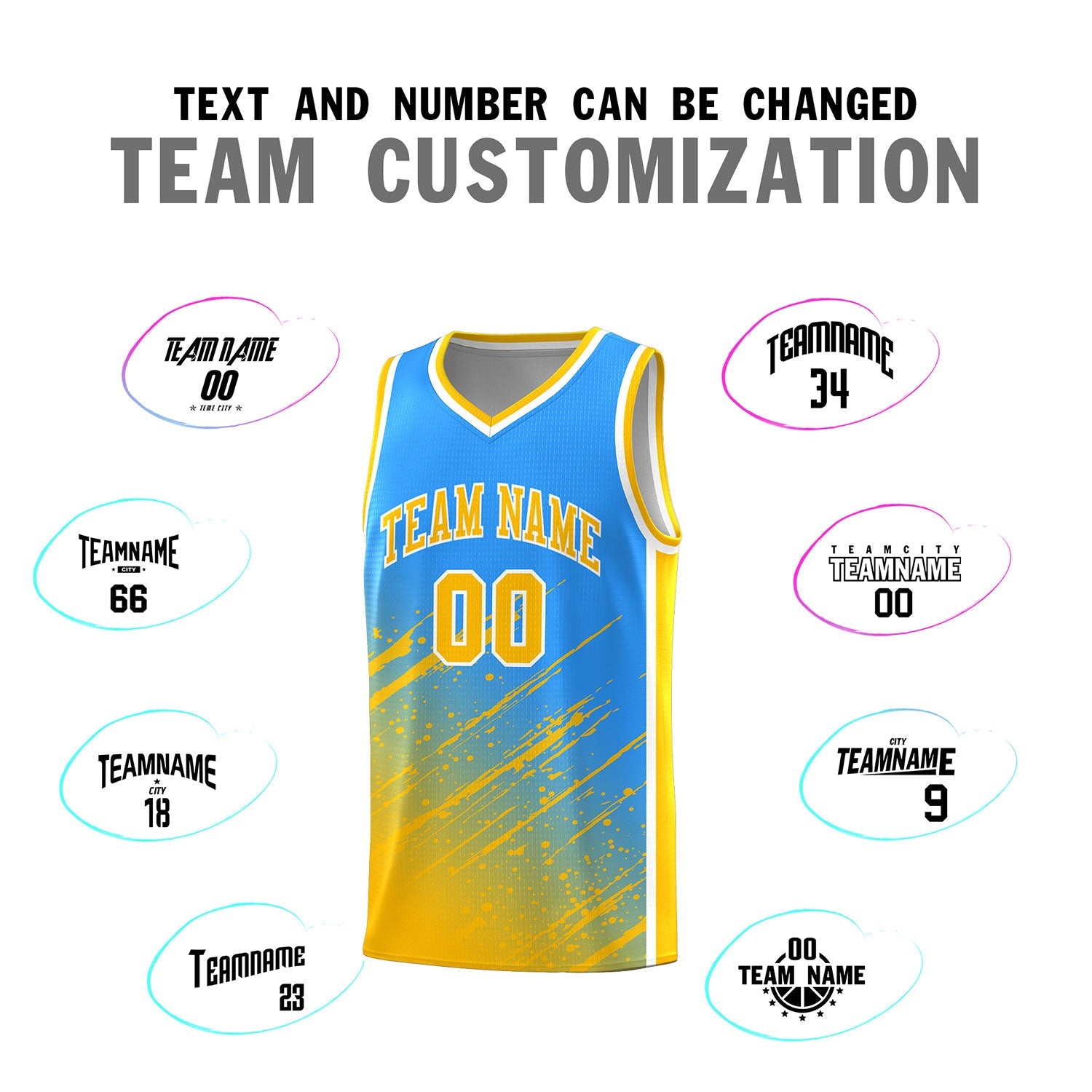 Custom Powder Blue Basketball Kits With Yellow Paint Graffiti