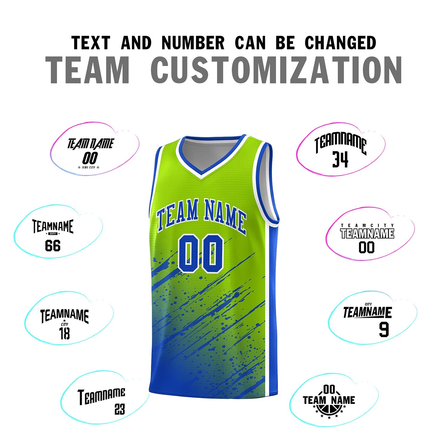 Custom Neon Green Basketball Kits With Royal Paint Graffiti