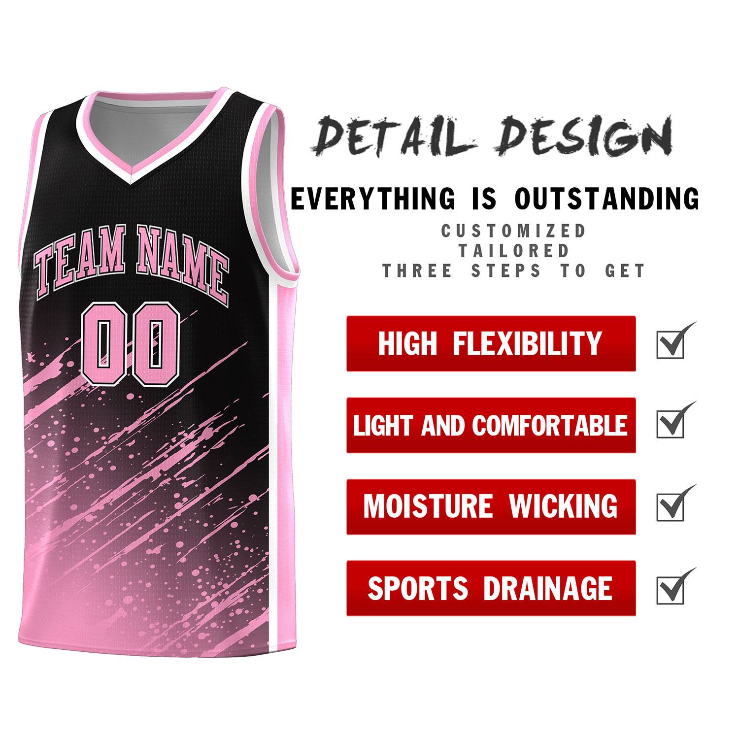 Custom Black Basketball Kits With Light Pink Paint Graffiti