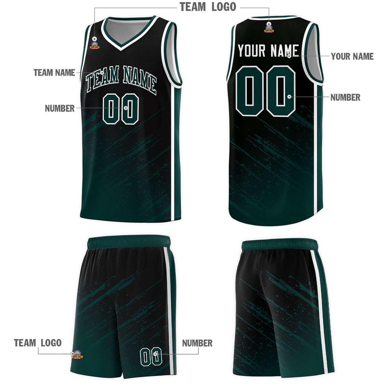 Custom Black Basketball Kits With Midnight Green Paint Graffiti