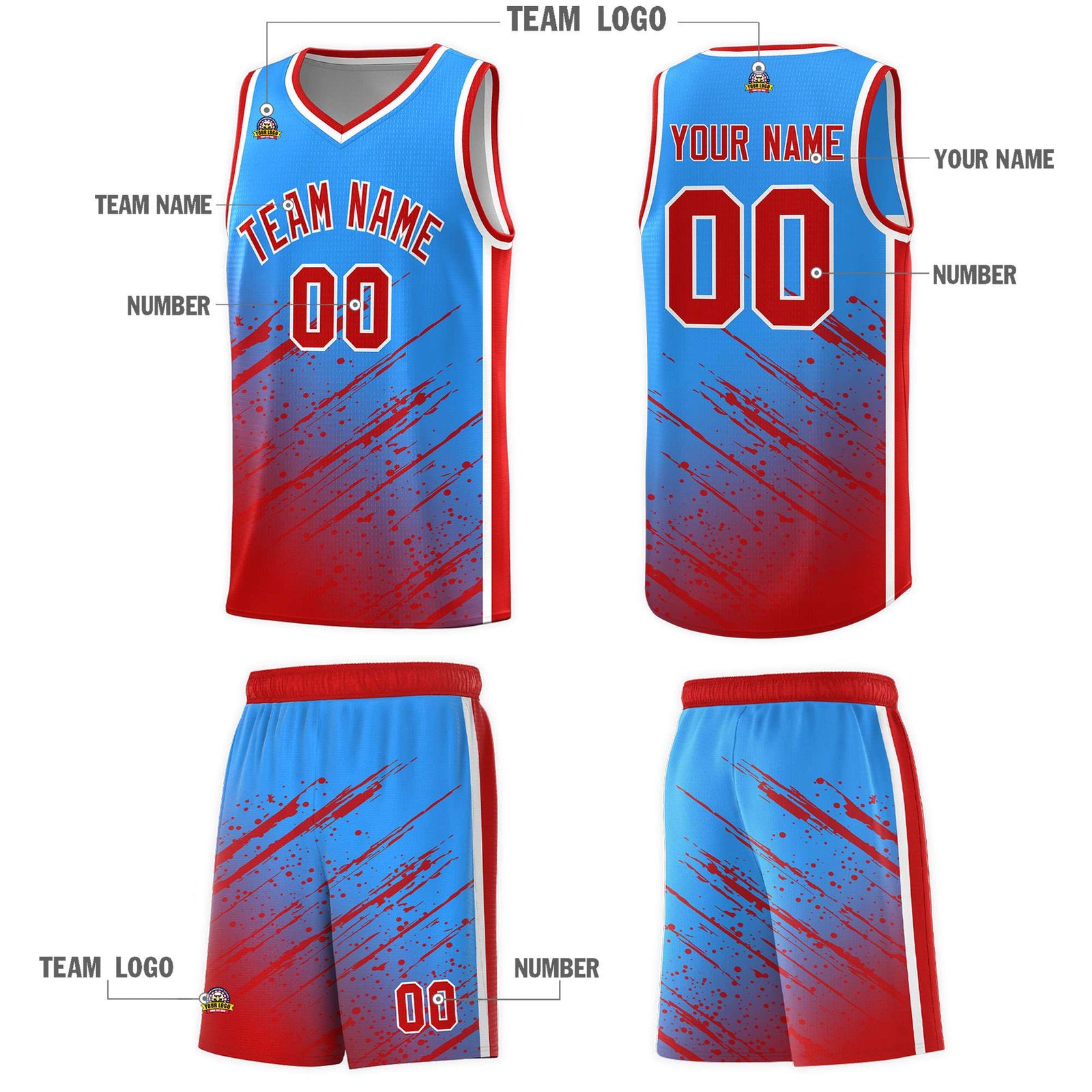 Custom Powder Blue Basketball Kits With Red Paint Graffiti