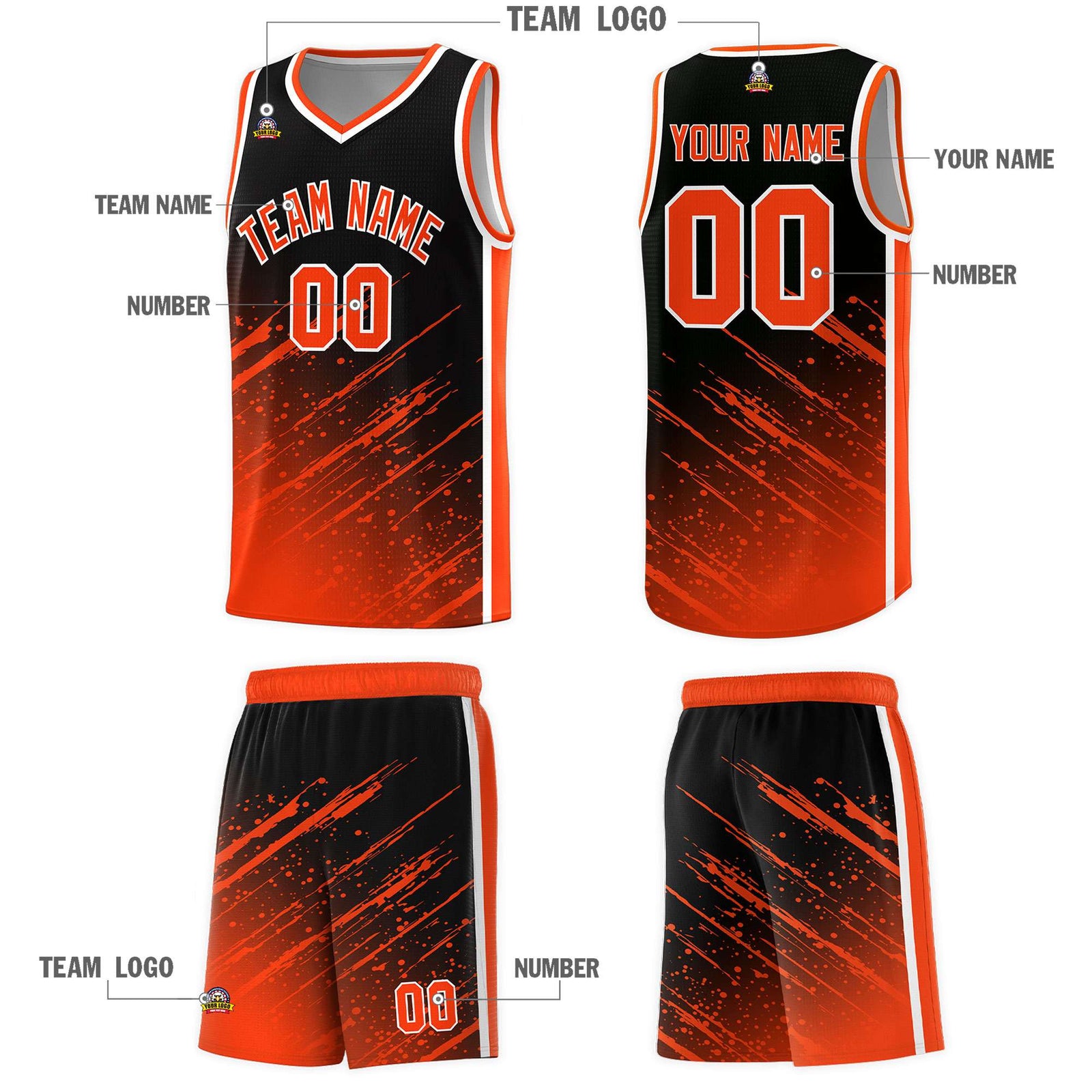 Custom Black Basketball Kits With Orange Paint Graffiti