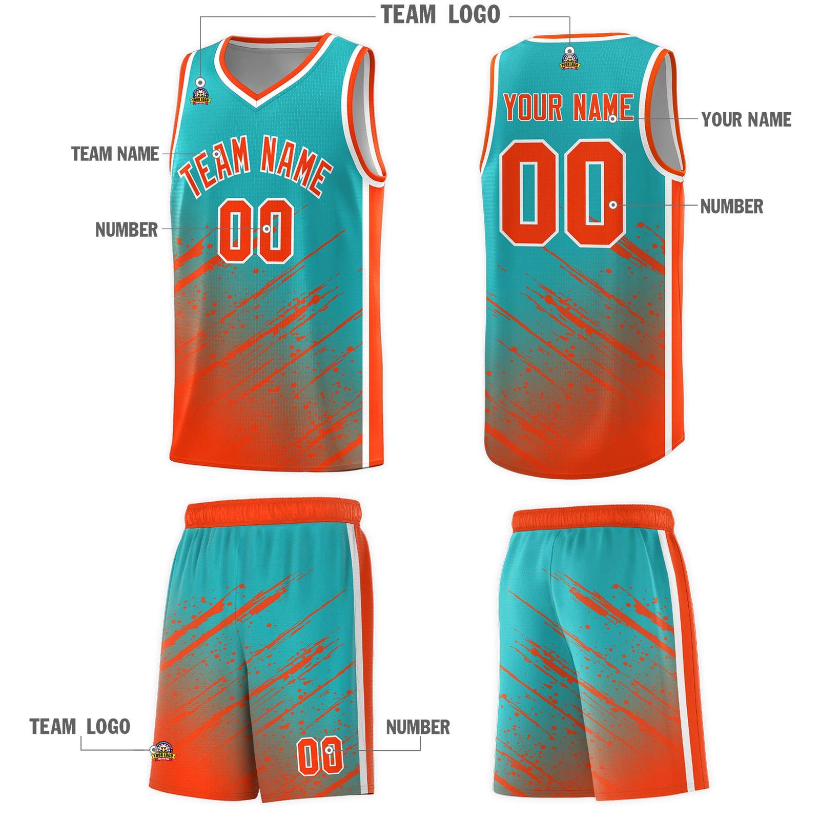 Custom Aqua Basketball Kits With Orange Paint Graffiti