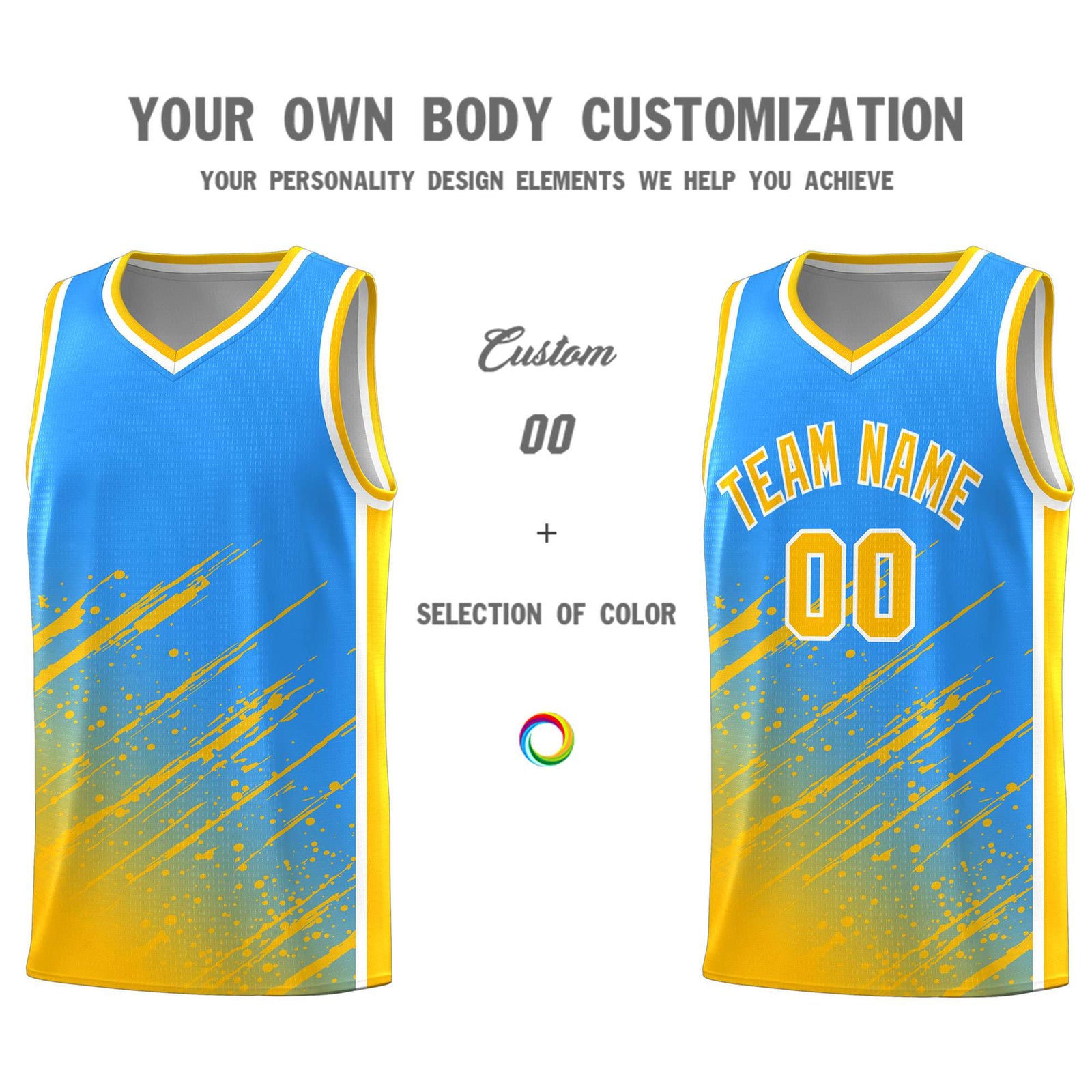Custom Powder Blue Basketball Kits With Yellow Paint Graffiti
