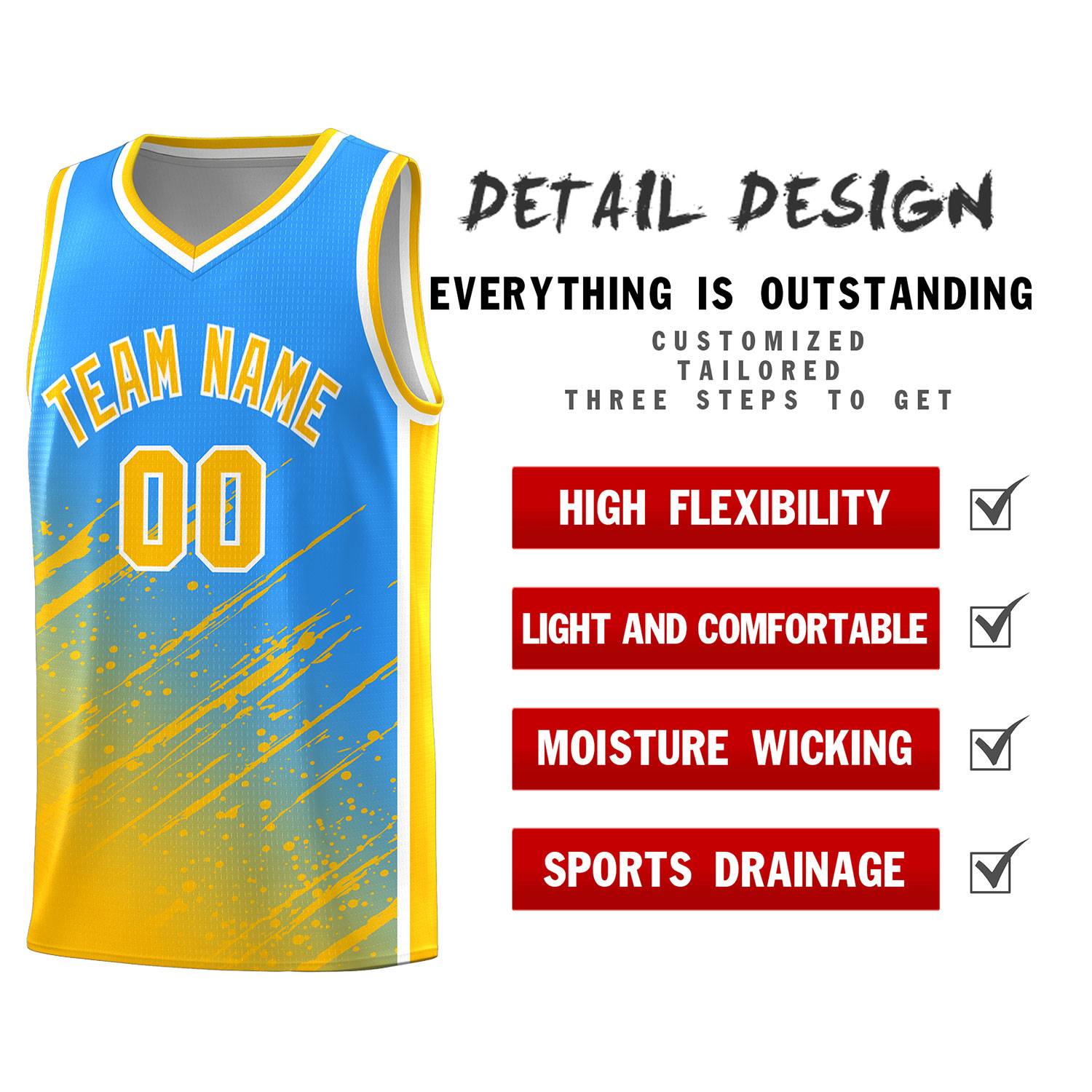 Custom Powder Blue Basketball Kits With Yellow Paint Graffiti