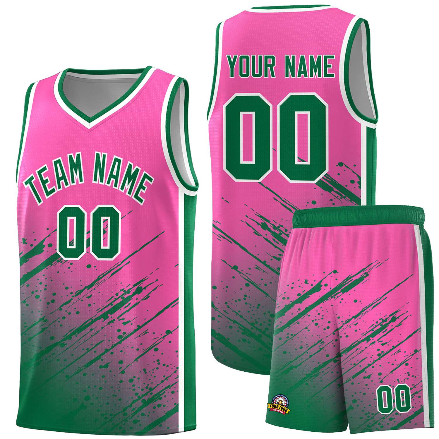 Custom Pink Basketball Kits With Kelly Green Paint Graffiti