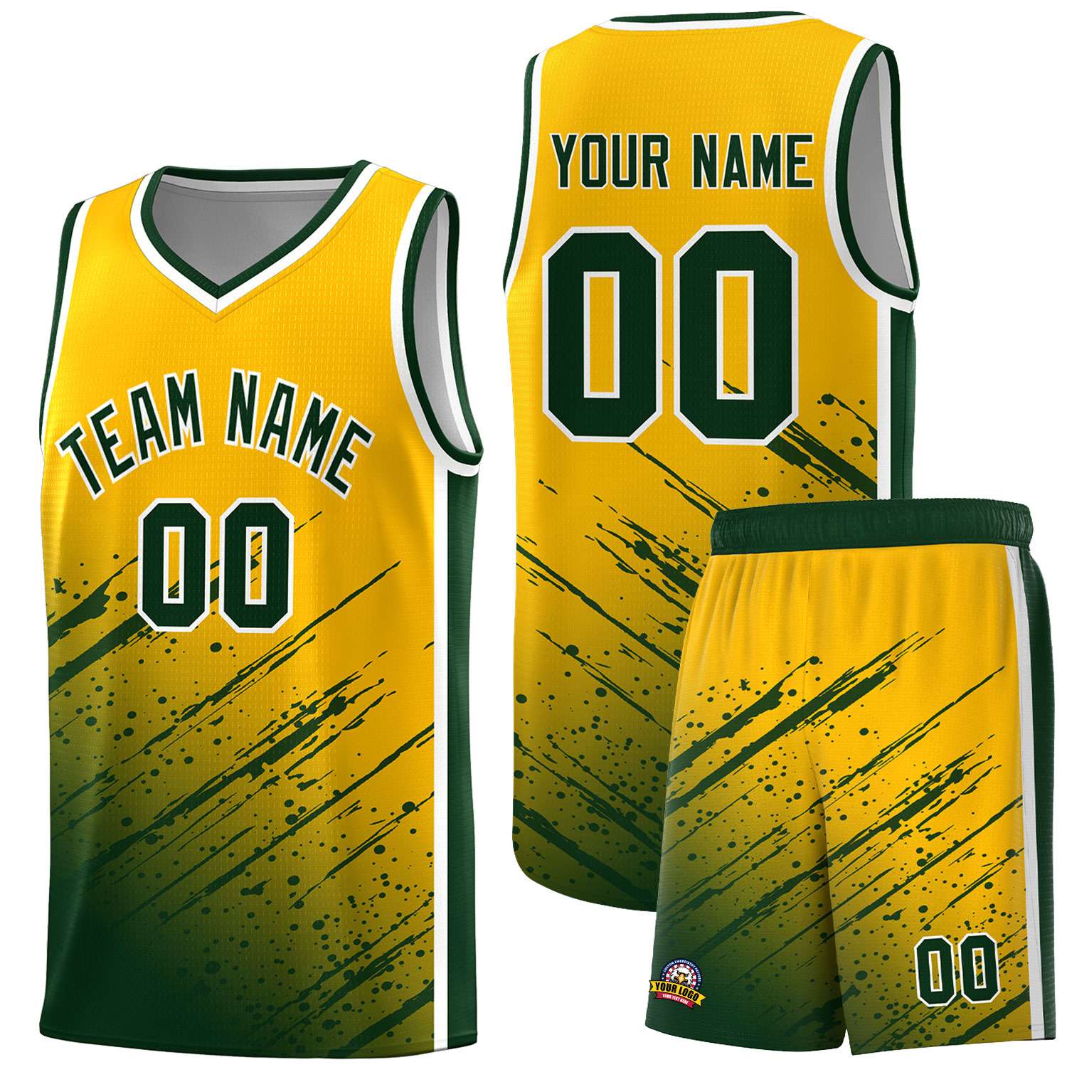 Custom Yellow Basketball Kits With Green Paint Graffiti