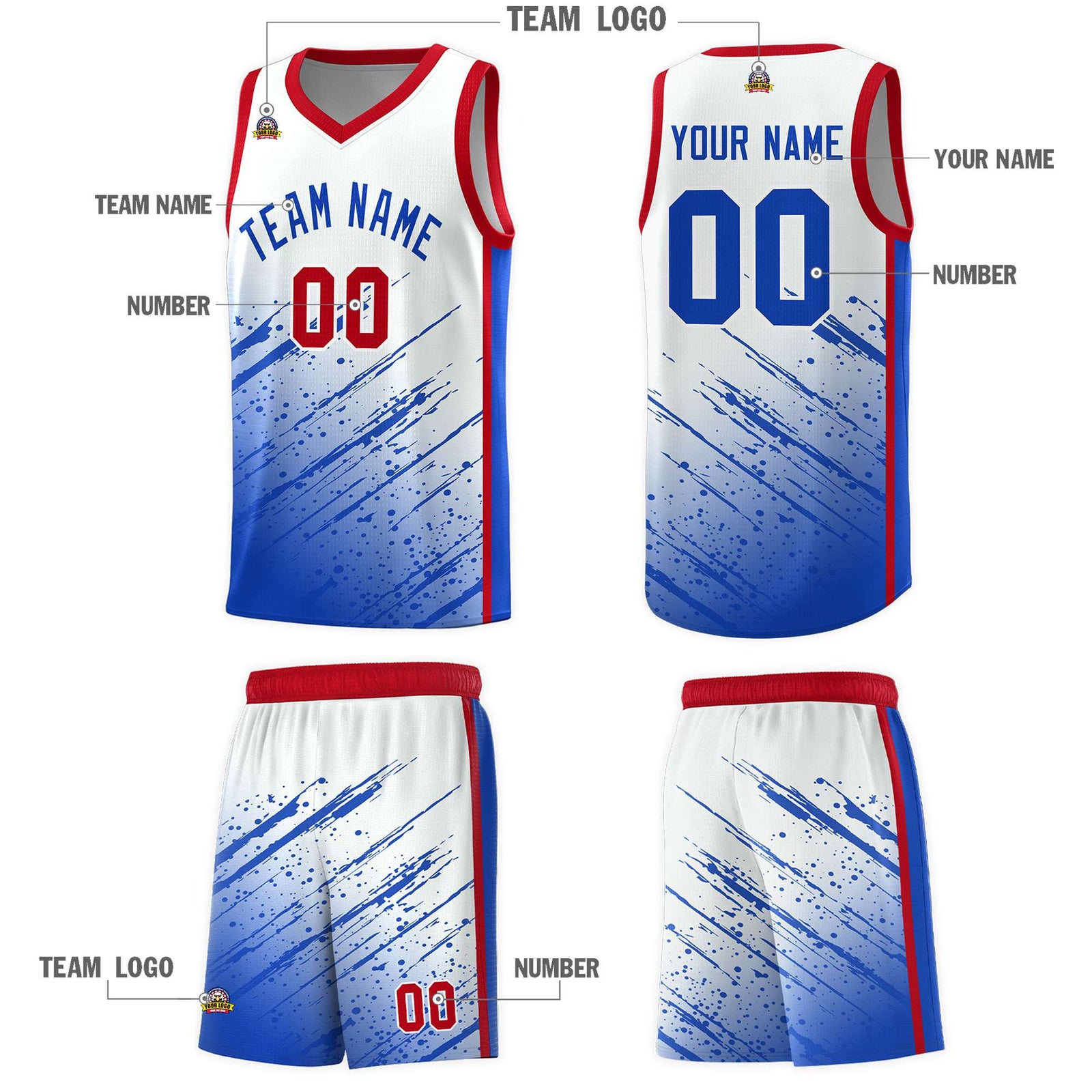 Custom White Basketball Kits With Royal Paint Graffiti