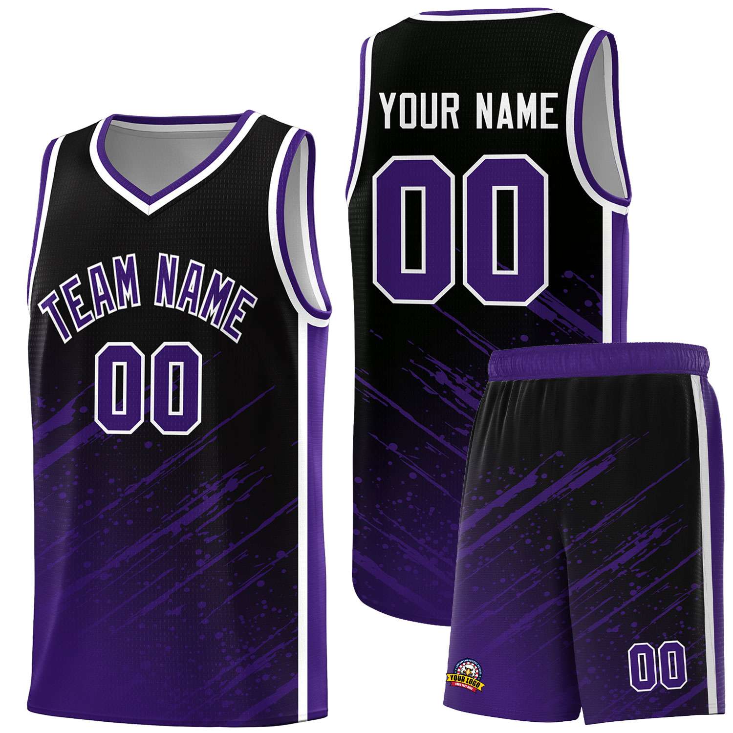 Custom Black Basketball Kits With Purple Paint Graffiti