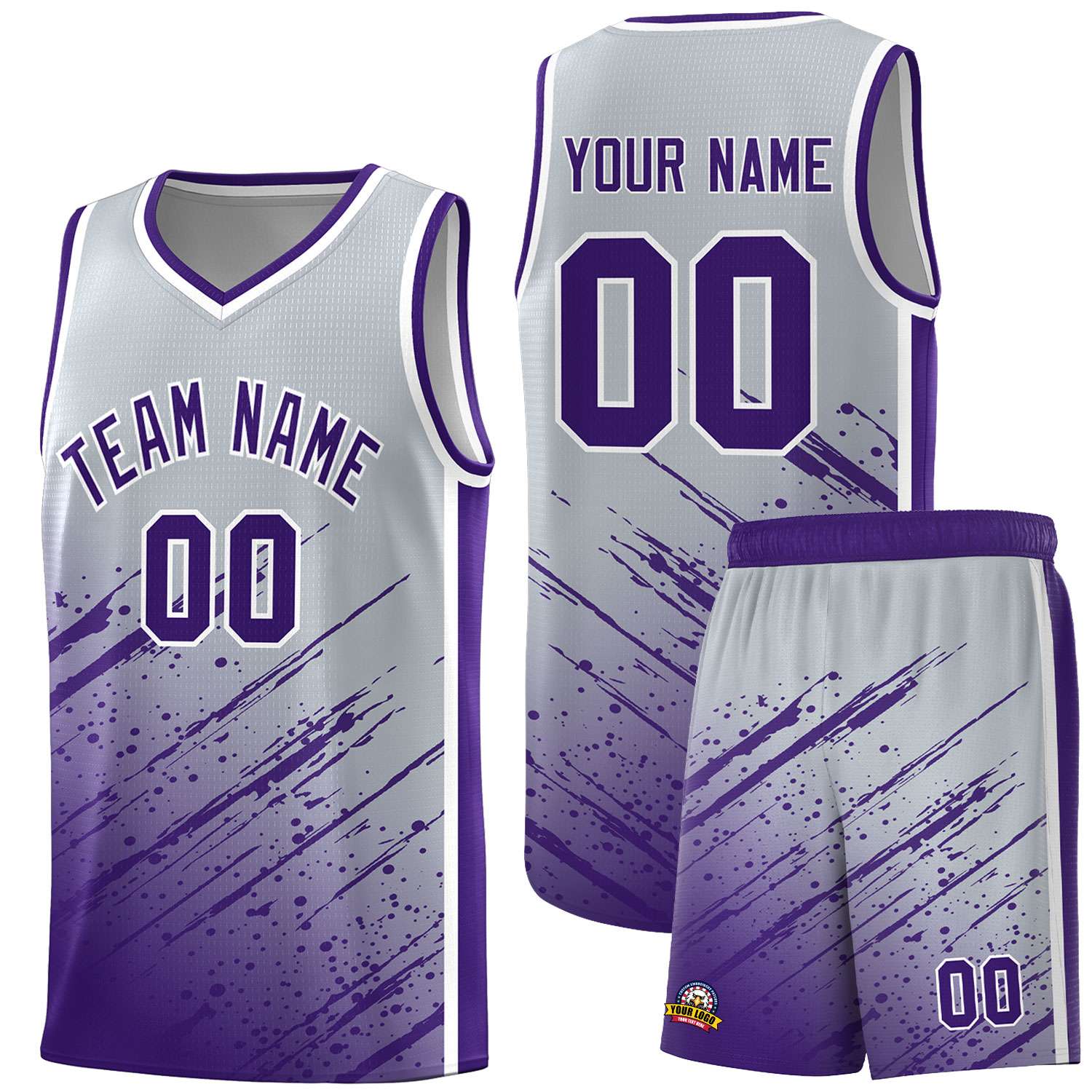 Custom Gray Basketball Kits With Purple Paint Graffiti