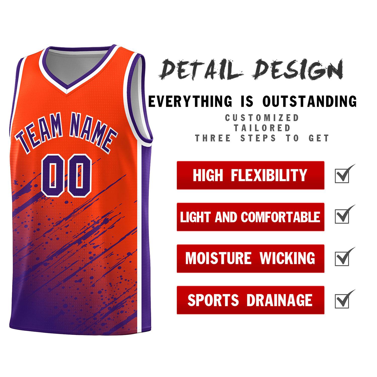 Custom Orange Basketball Kits With Purple Paint Graffiti