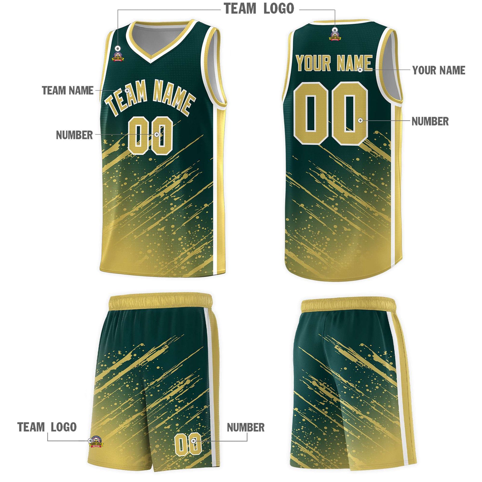 Custom Midnight Green Basketball Kits With Khaki Paint Graffiti