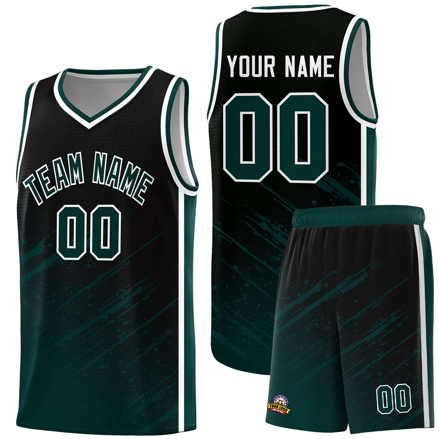 Custom Black Basketball Kits With Midnight Green Paint Graffiti