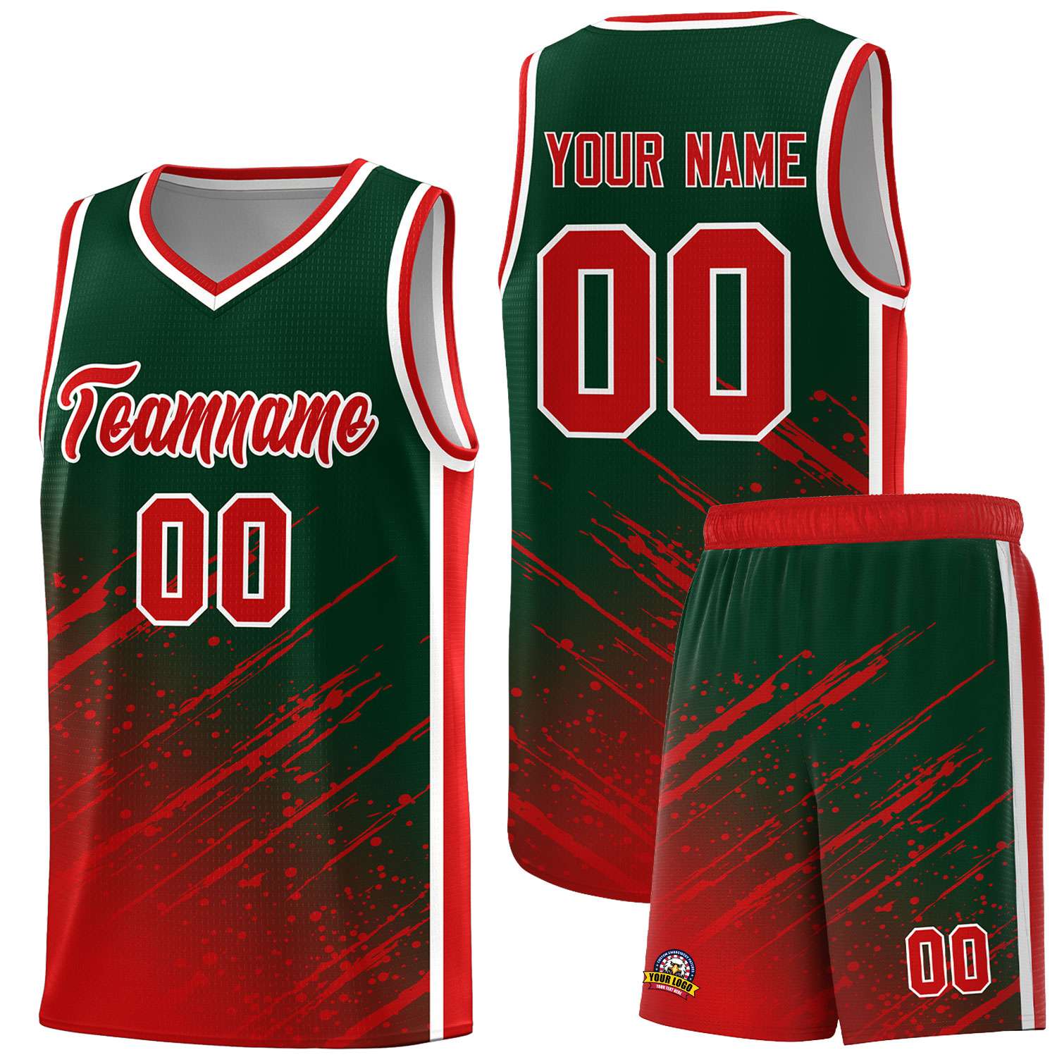 Custom Green Basketball Kits With Red Paint Graffiti