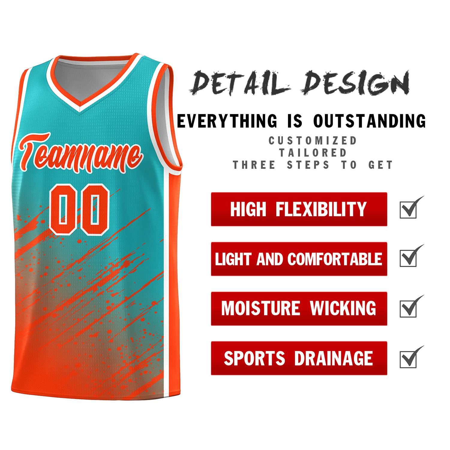 Custom Aqua Basketball Kits With Orange Paint Graffiti
