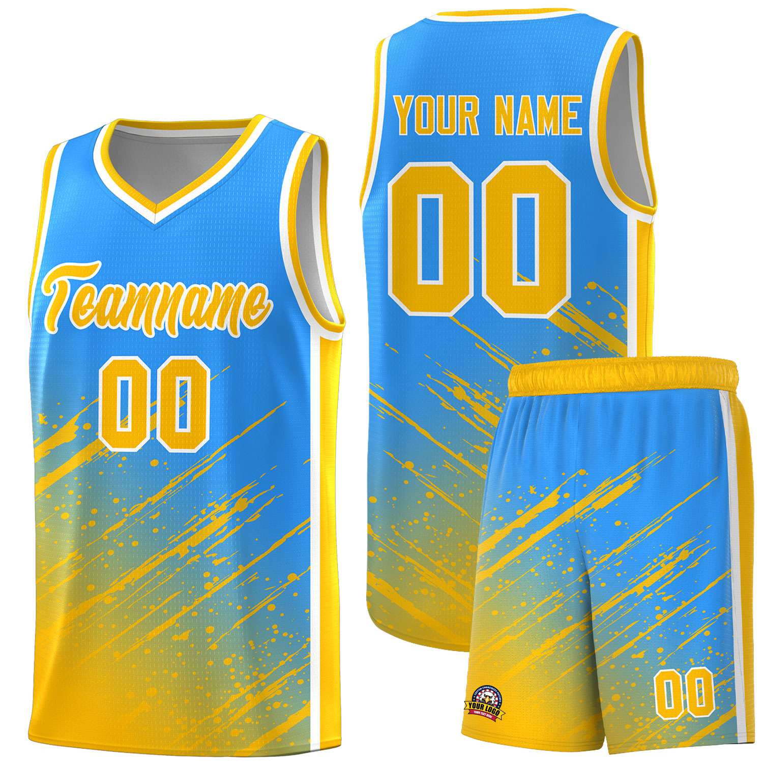 Custom Powder Blue Basketball Kits With Yellow Paint Graffiti