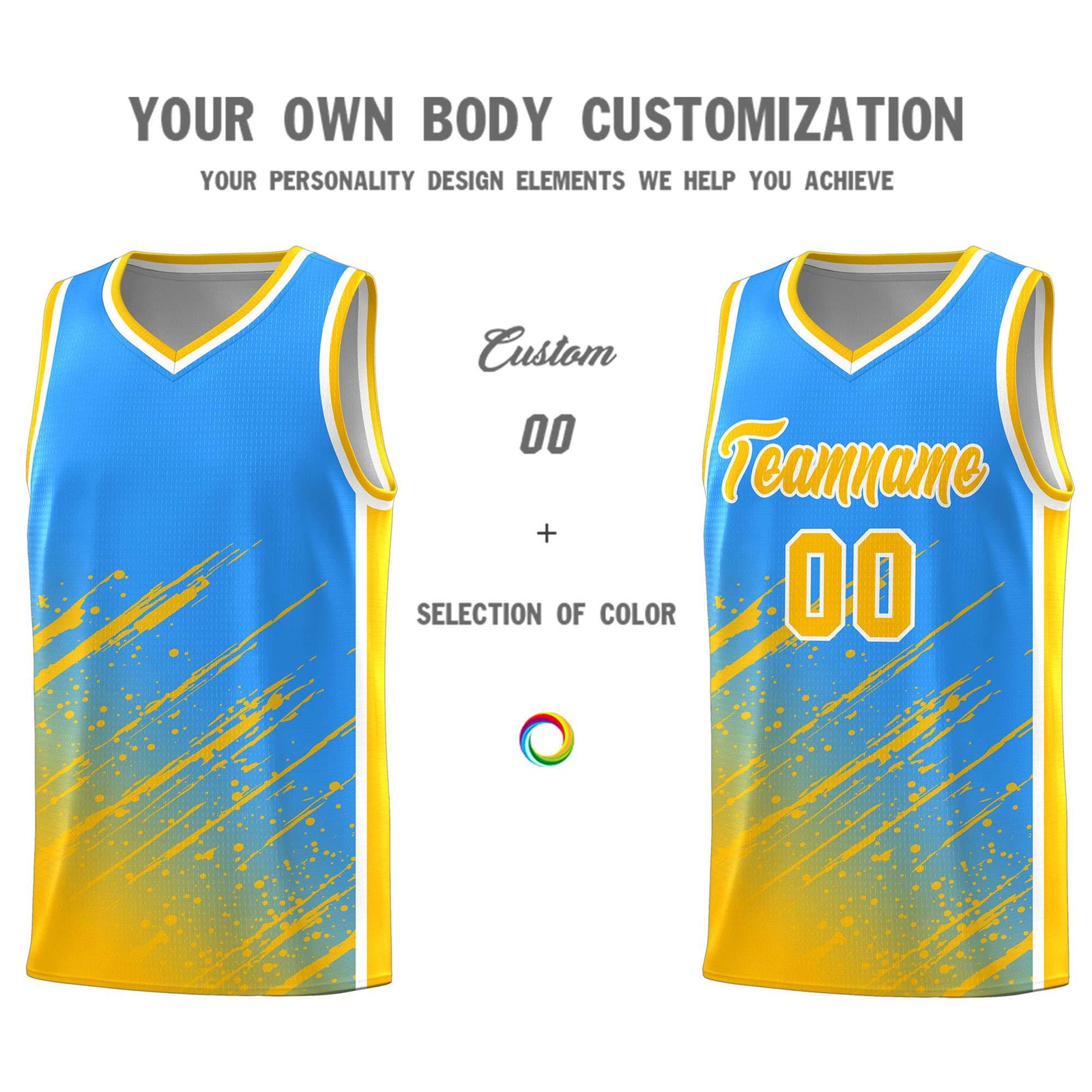Custom Powder Blue Basketball Kits With Yellow Paint Graffiti