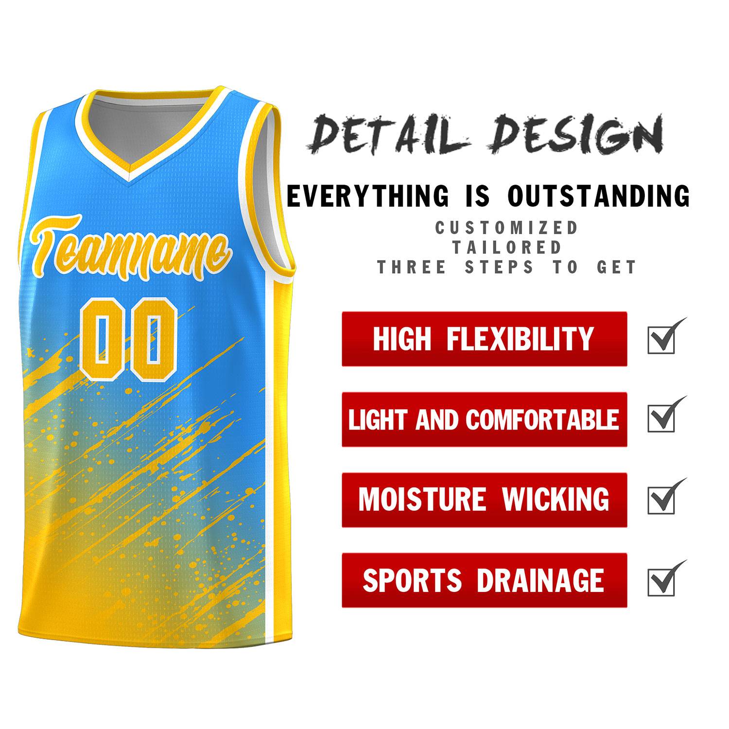 Custom Powder Blue Basketball Kits With Yellow Paint Graffiti