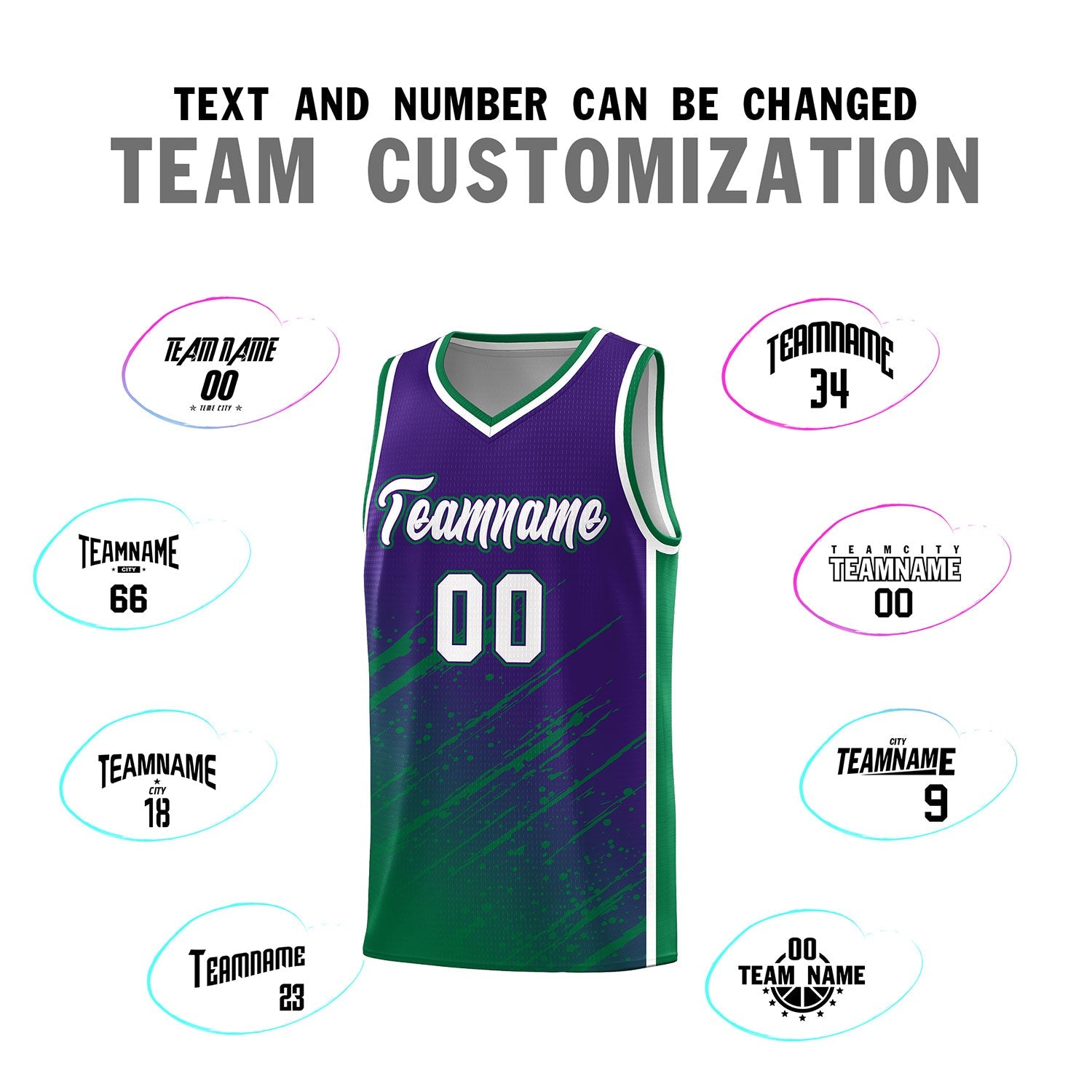 Custom Purple Basketball Kits With Kelly Green Paint Graffiti