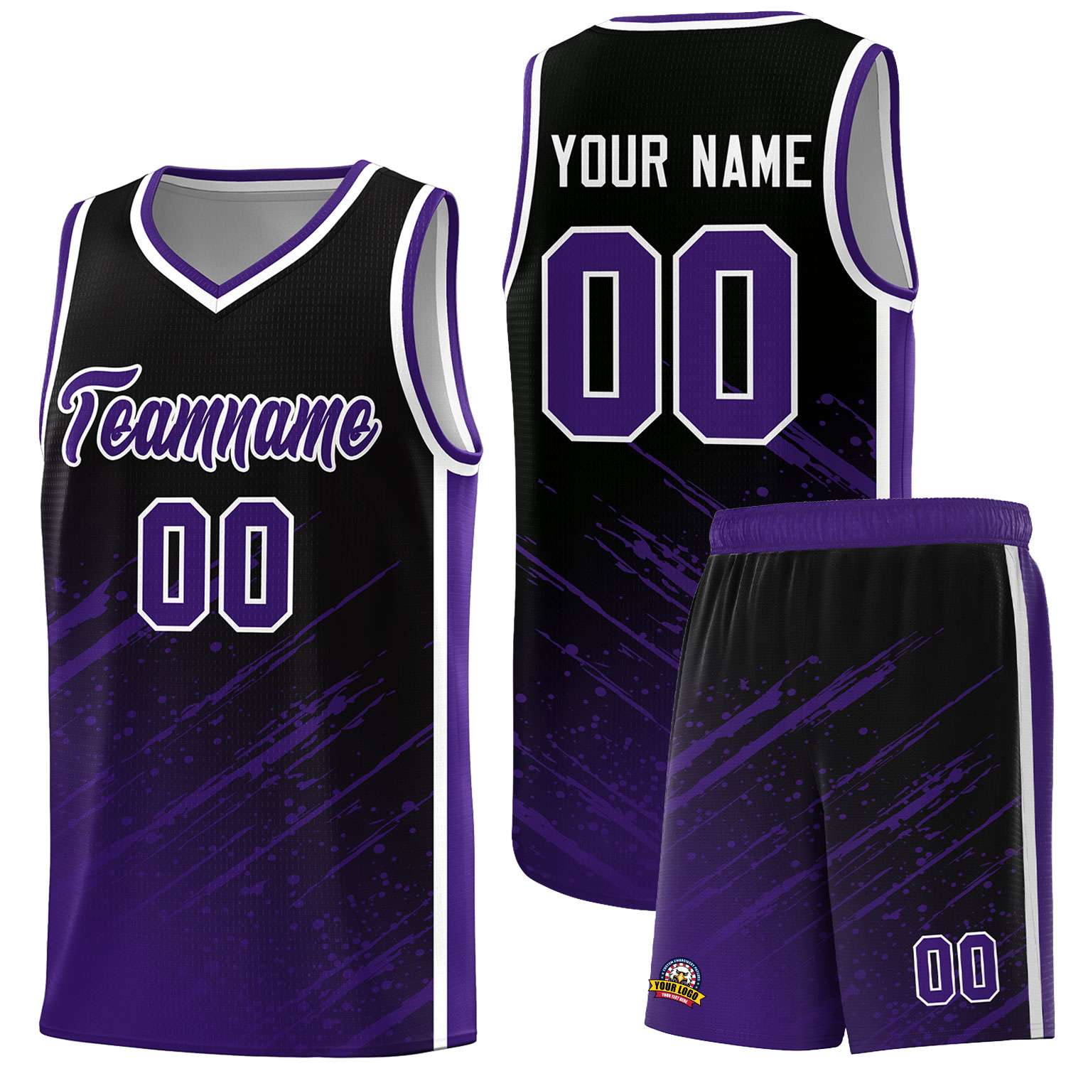 Custom Black Basketball Kits With Purple Paint Graffiti